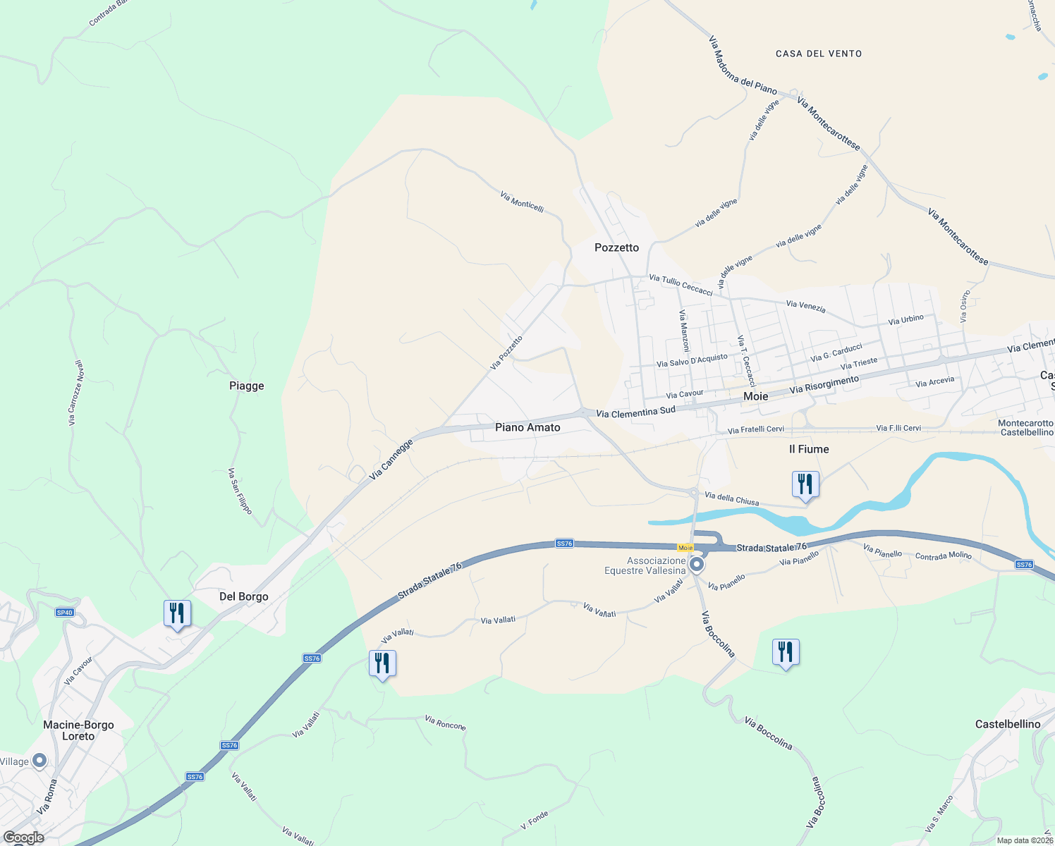 map of restaurants, bars, coffee shops, grocery stores, and more near Via Cannegge in Piano Amato