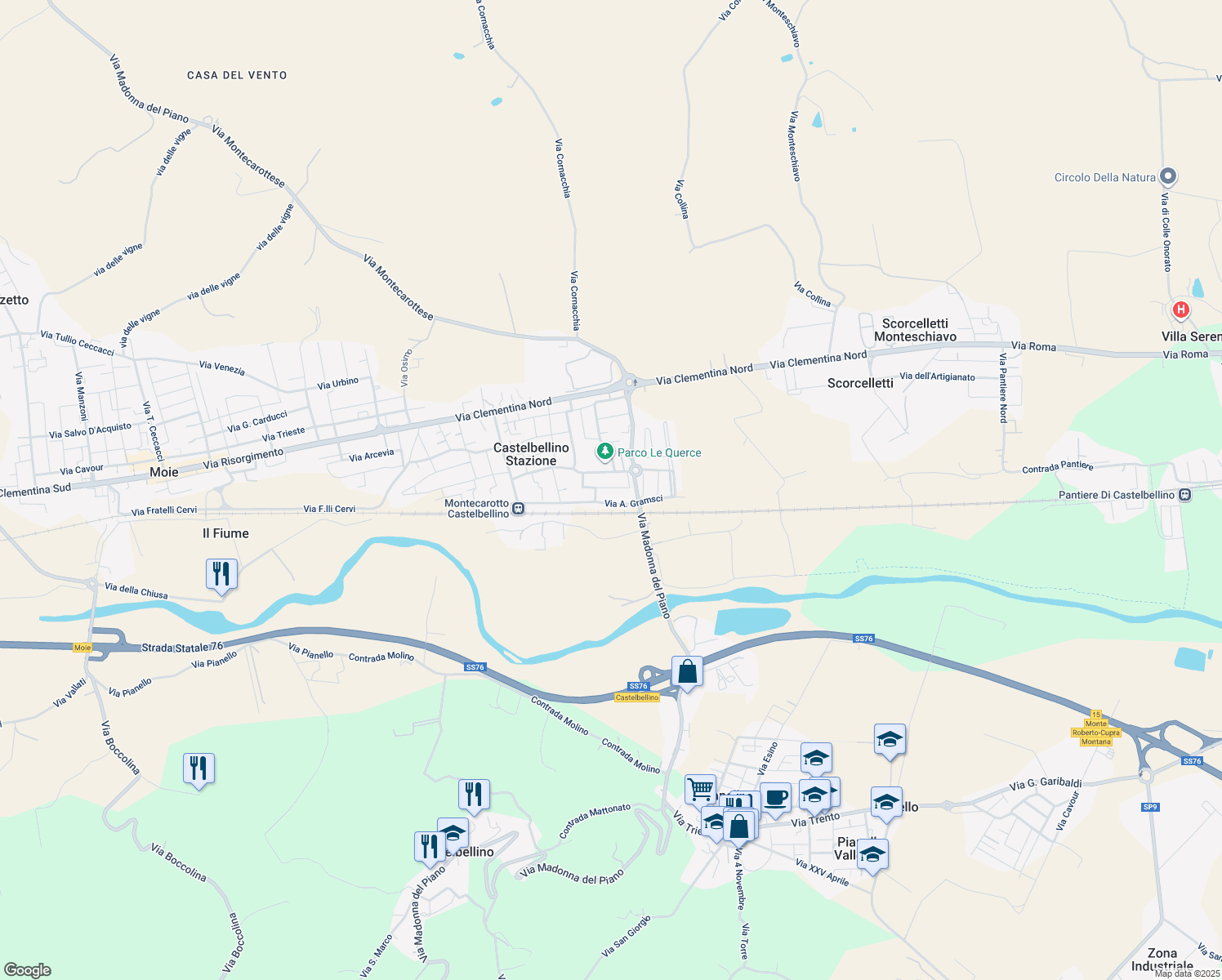 map of restaurants, bars, coffee shops, grocery stores, and more near 54 Viale Papa Giovanni XXIII in Castelbellino Stazione