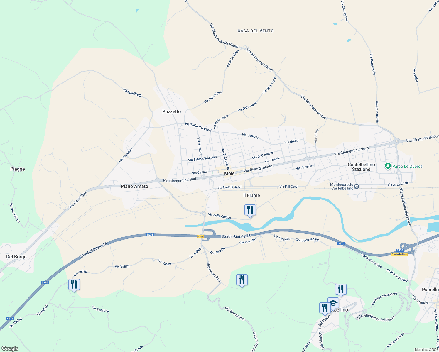 map of restaurants, bars, coffee shops, grocery stores, and more near 2A Piazza Kennedy in Moie