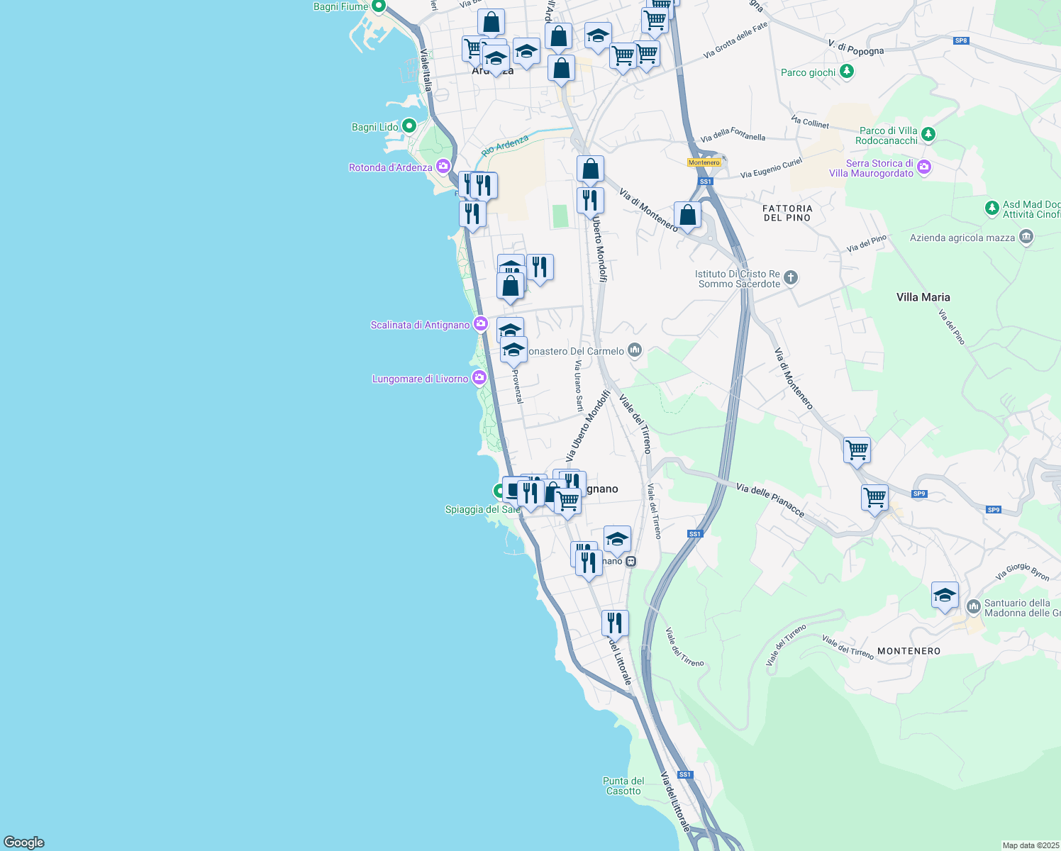 map of restaurants, bars, coffee shops, grocery stores, and more near 1 Via Spolidoro Rurik in Livorno