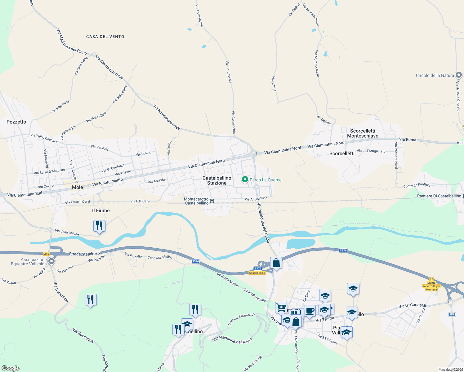 map of restaurants, bars, coffee shops, grocery stores, and more near 12 Piazza Kennedy in Castelbellino Stazione