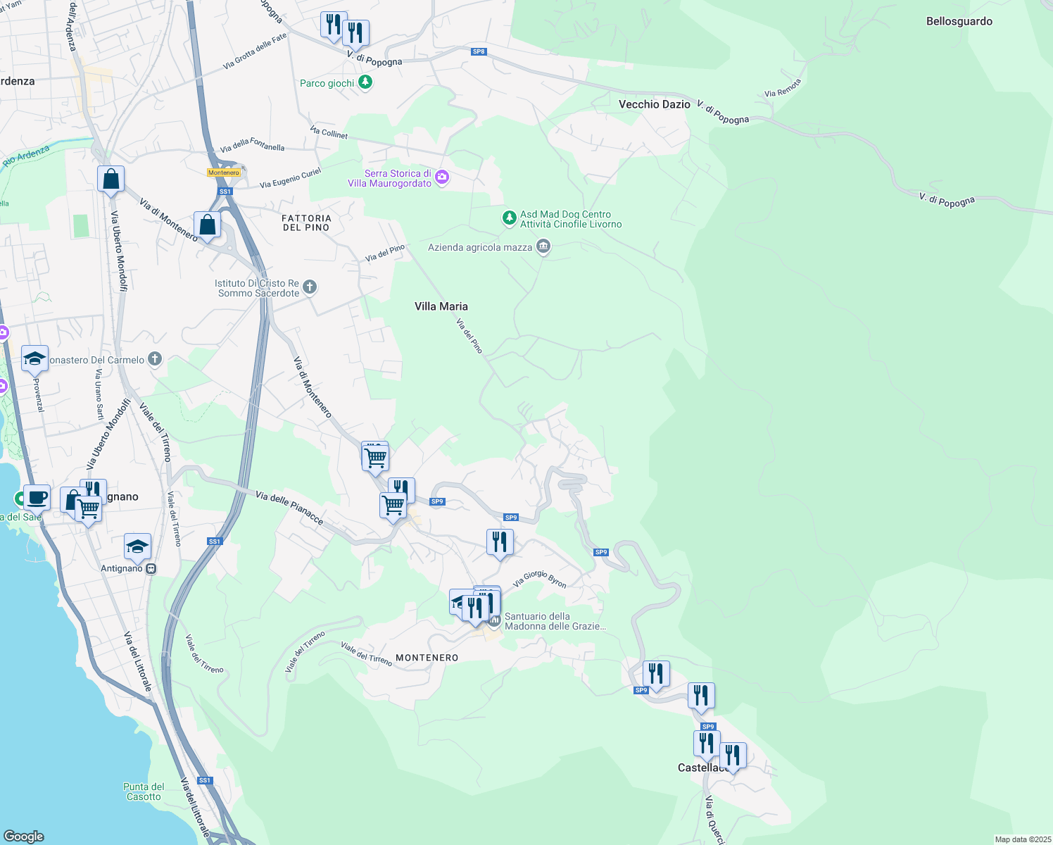 map of restaurants, bars, coffee shops, grocery stores, and more near 3 Via del Viperaio in Provincia di Livorno