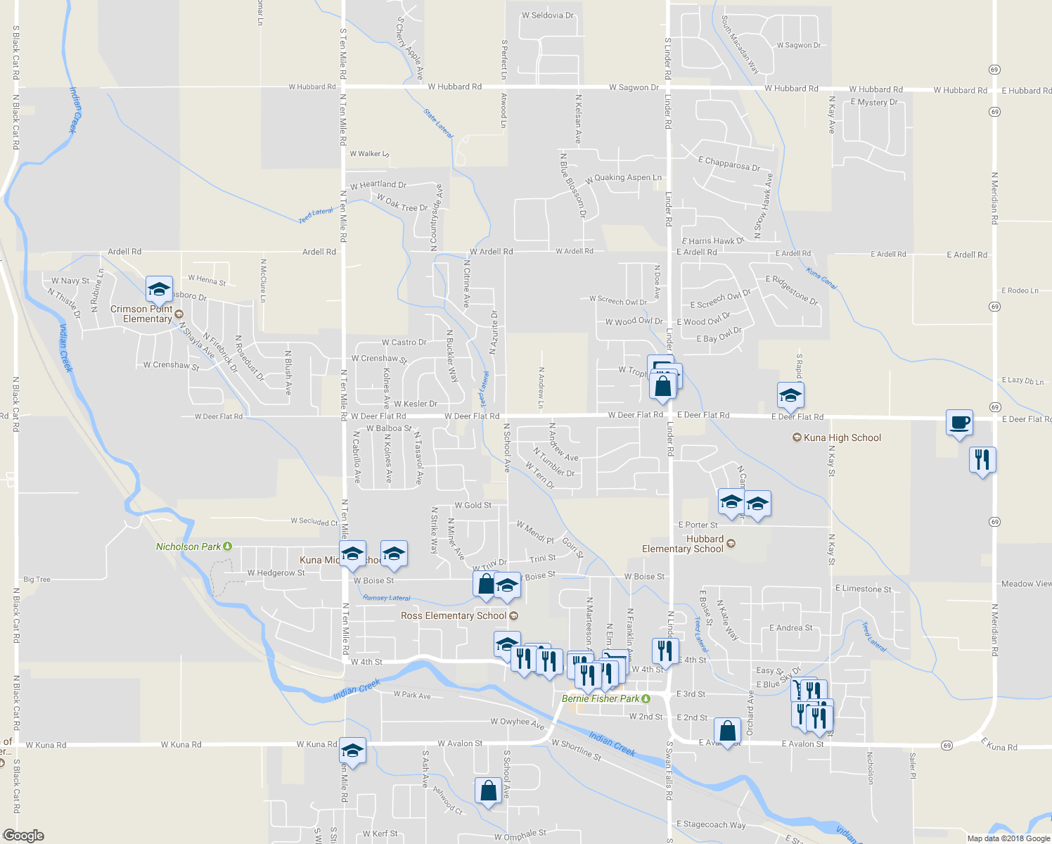 map of restaurants, bars, coffee shops, grocery stores, and more near 732 West Rams Hill Street in Kuna
