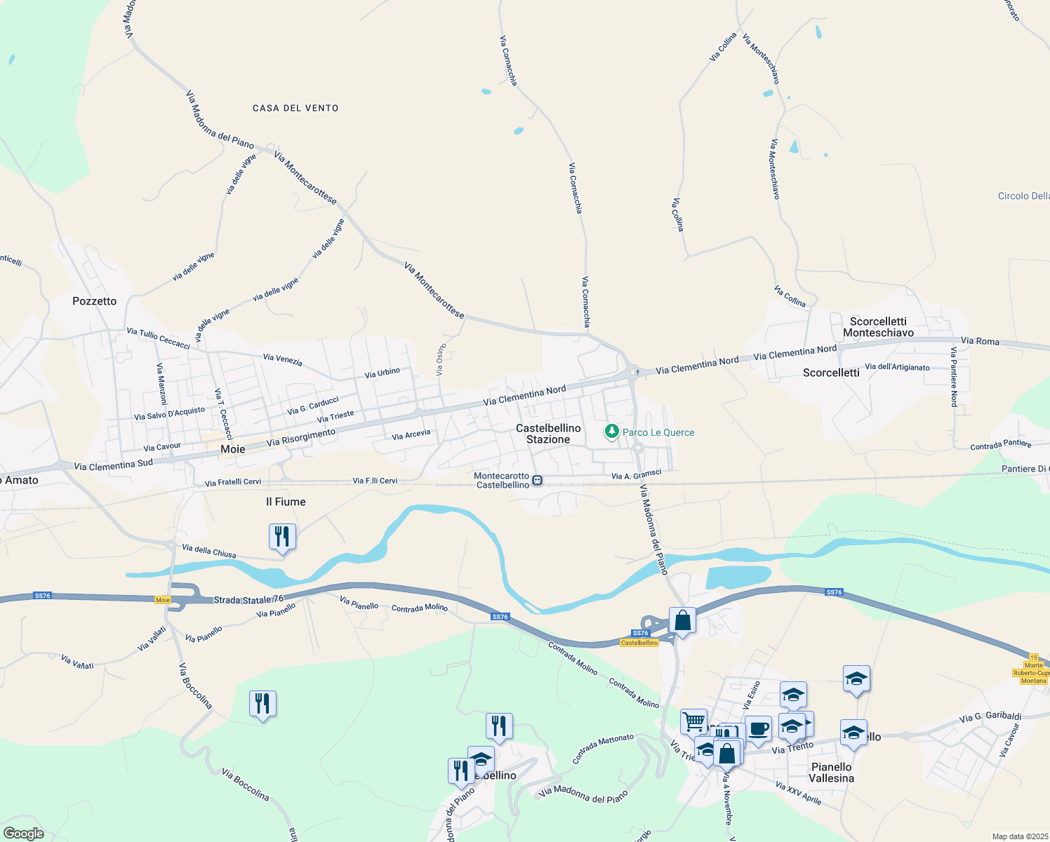 map of restaurants, bars, coffee shops, grocery stores, and more near 14A Contrada Stazione in Castelbellino Stazione