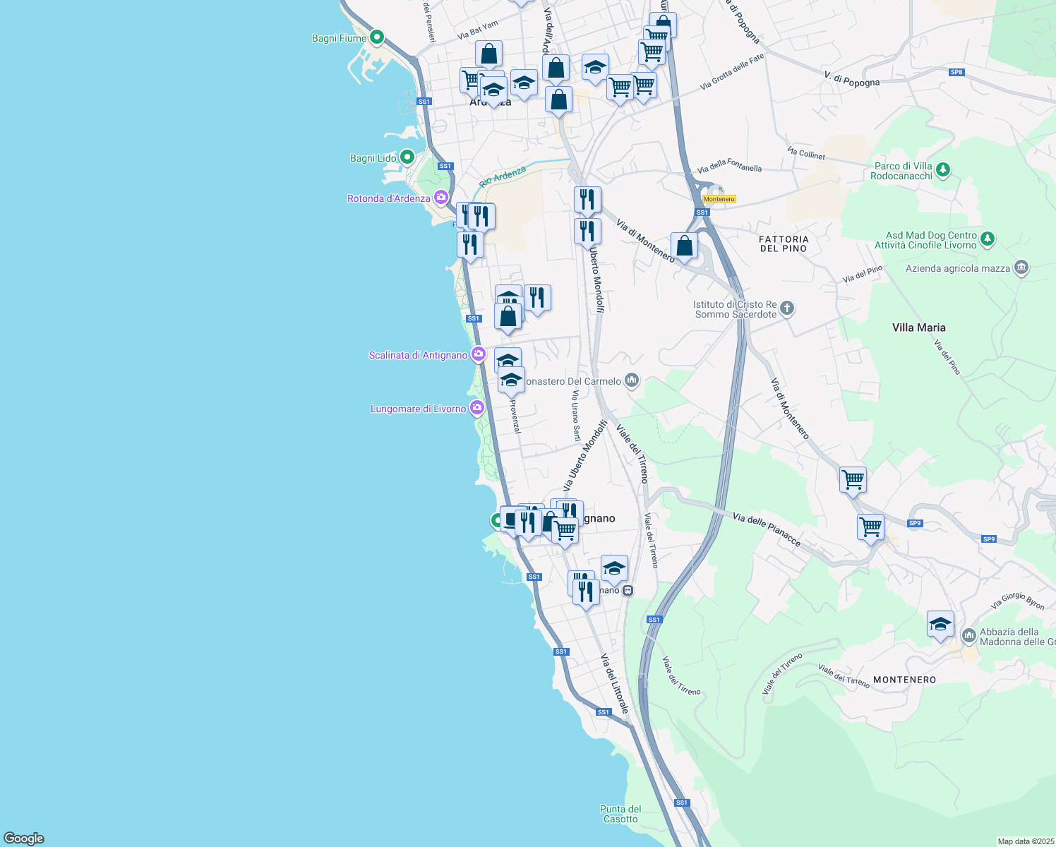 map of restaurants, bars, coffee shops, grocery stores, and more near 1 Via Giuseppe Gozzer in Livorno