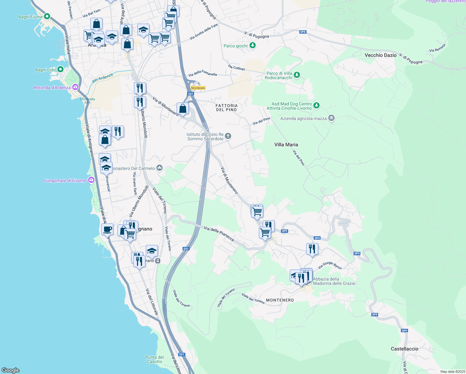 map of restaurants, bars, coffee shops, grocery stores, and more near 121 Via di Montenero in Livorno