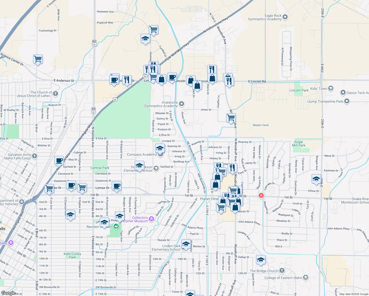 map of restaurants, bars, coffee shops, grocery stores, and more near 1164 Kearney Street in Idaho Falls