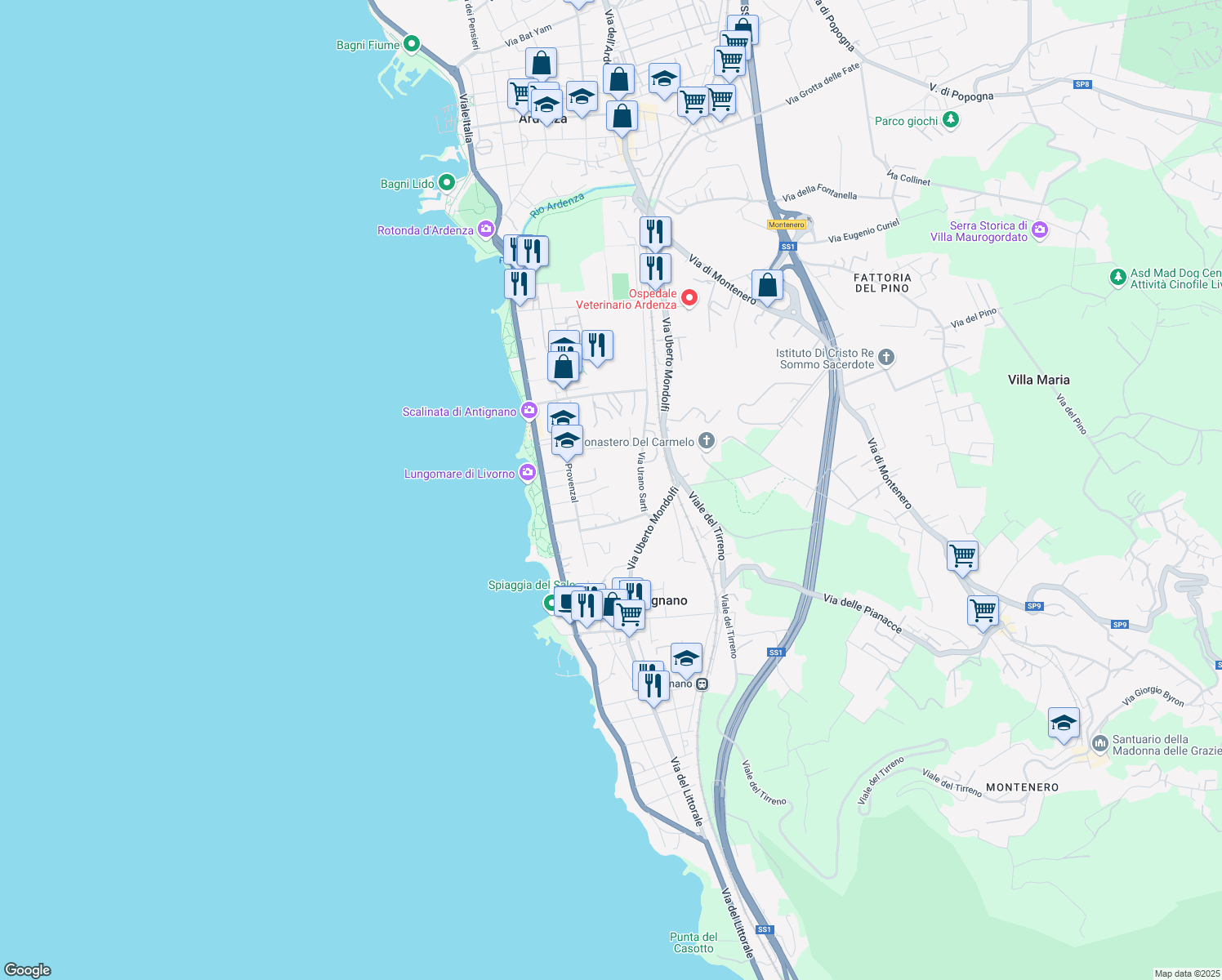 map of restaurants, bars, coffee shops, grocery stores, and more near 10 Via Giuseppe Gozzer in Livorno