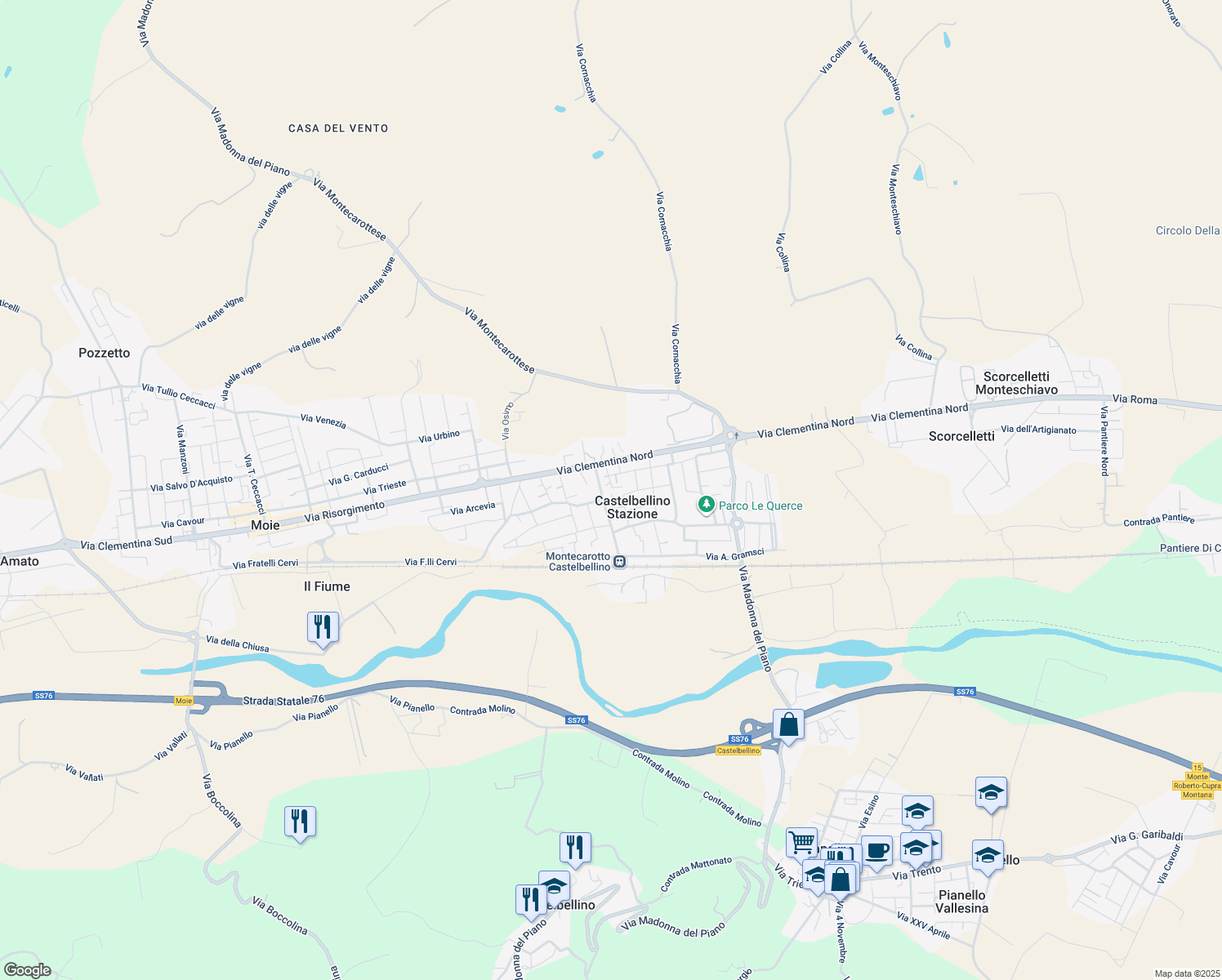 map of restaurants, bars, coffee shops, grocery stores, and more near 14A Contrada Stazione in Castelbellino Stazione
