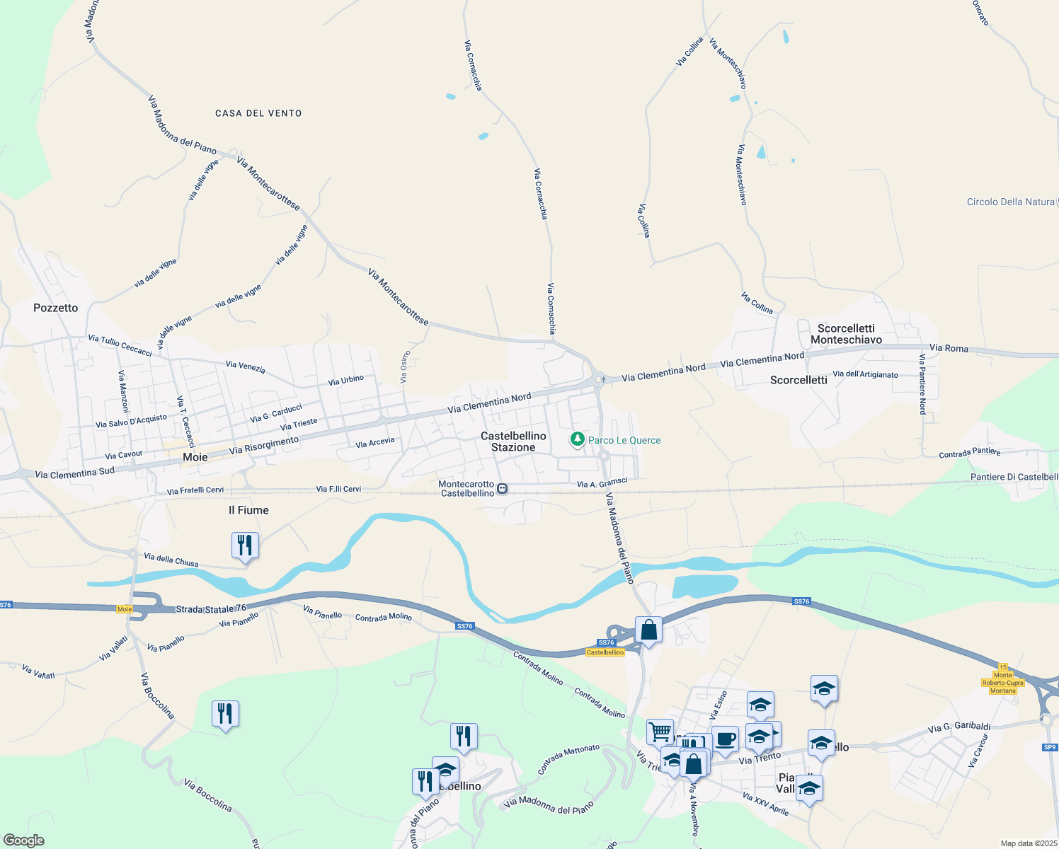 map of restaurants, bars, coffee shops, grocery stores, and more near 9 Via F.lli Rosselli in Castelbellino Stazione