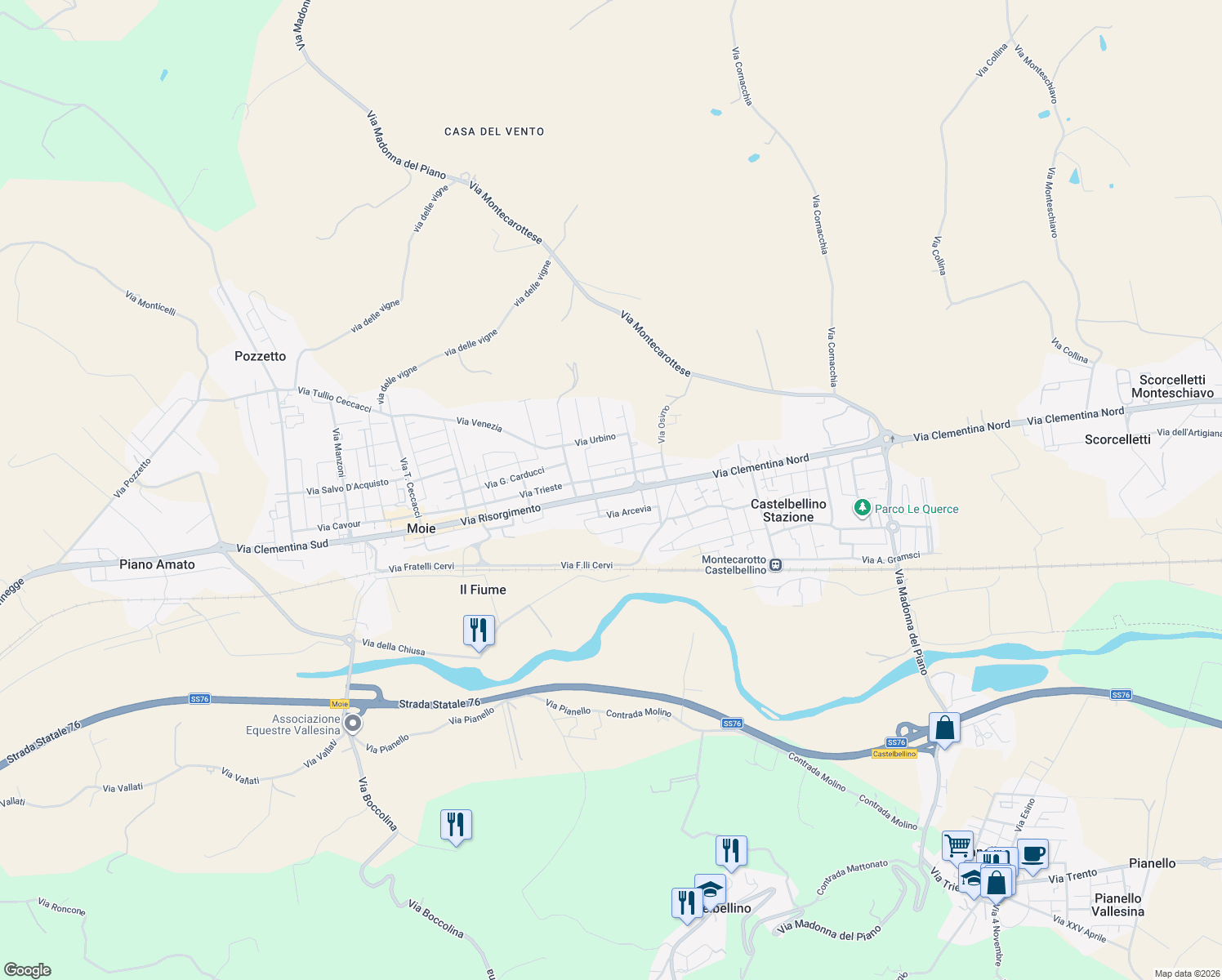 map of restaurants, bars, coffee shops, grocery stores, and more near 290 Via Risorgimento in Moie