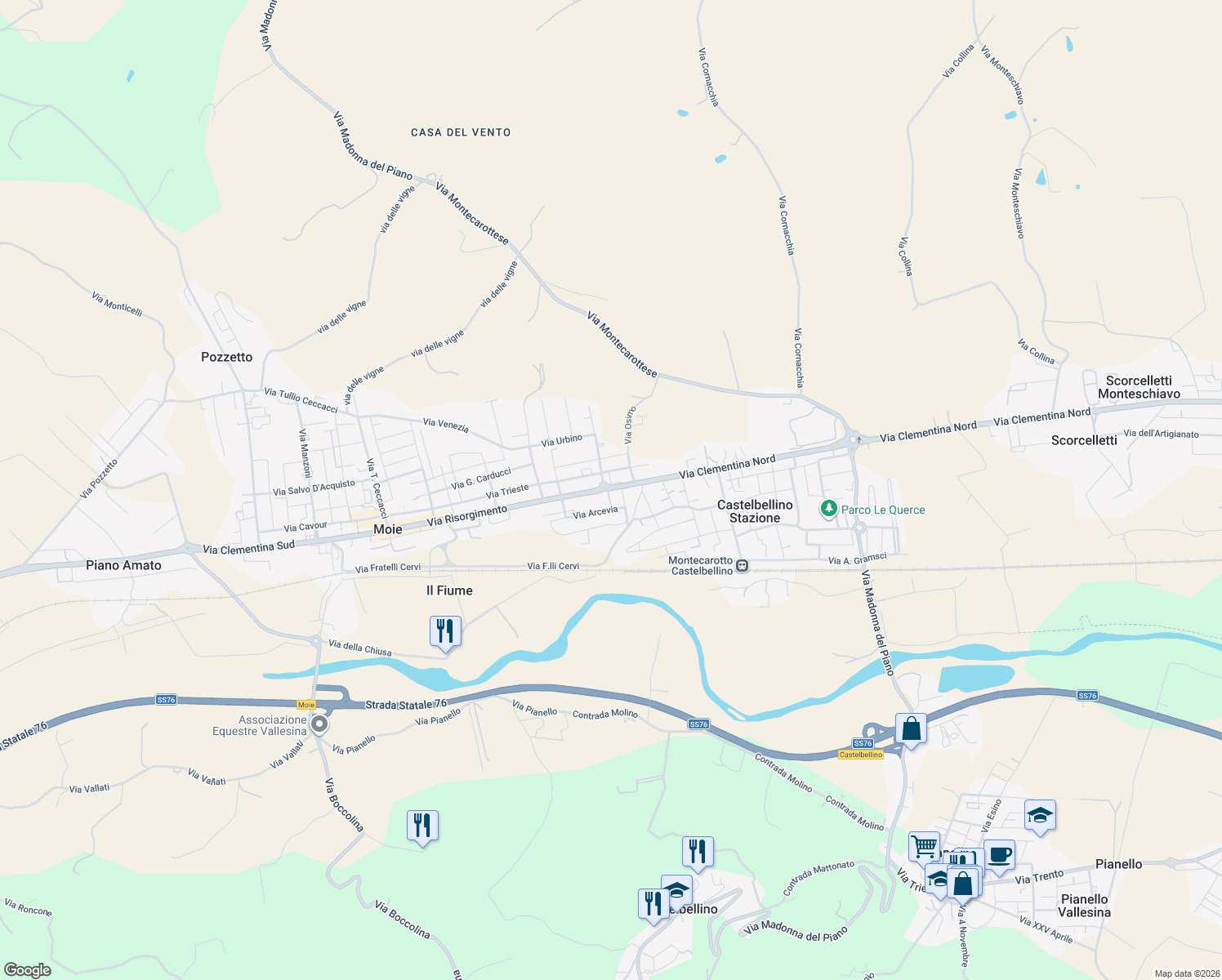 map of restaurants, bars, coffee shops, grocery stores, and more near 44A Via Clementina Nord in Moie