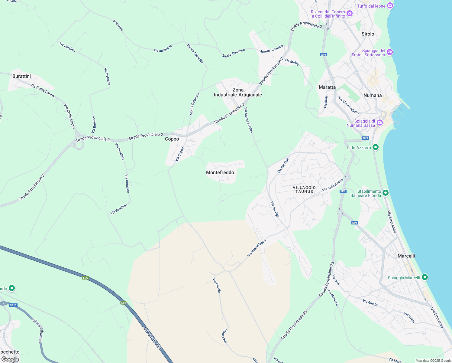 map of restaurants, bars, coffee shops, grocery stores, and more near 14 Via Levante in Montefreddo