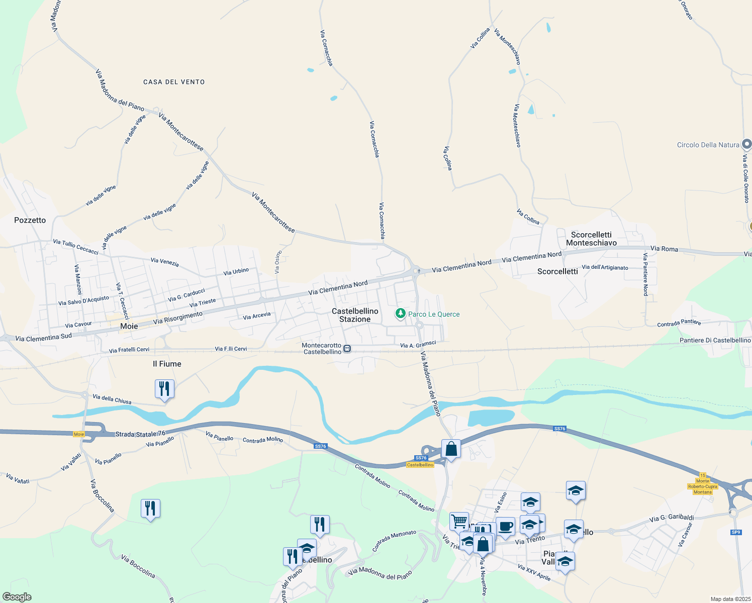 map of restaurants, bars, coffee shops, grocery stores, and more near 9 Via F.lli Rosselli in Castelbellino Stazione