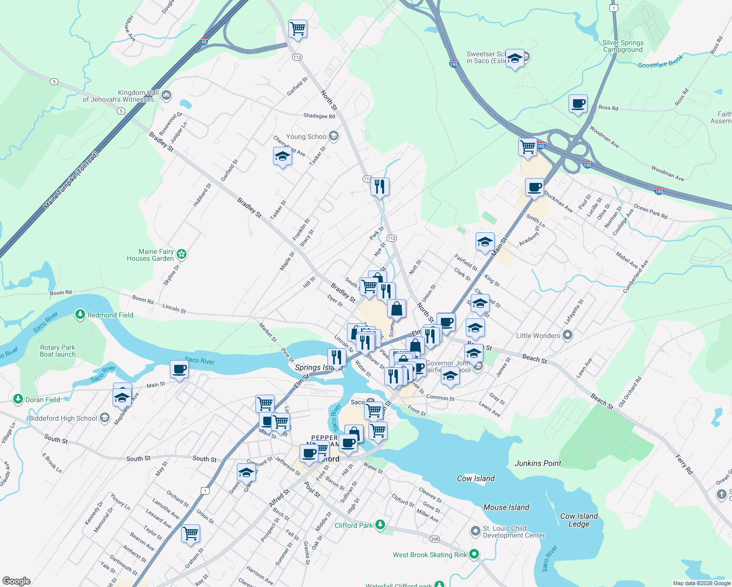 map of restaurants, bars, coffee shops, grocery stores, and more near Spring Street in Saco