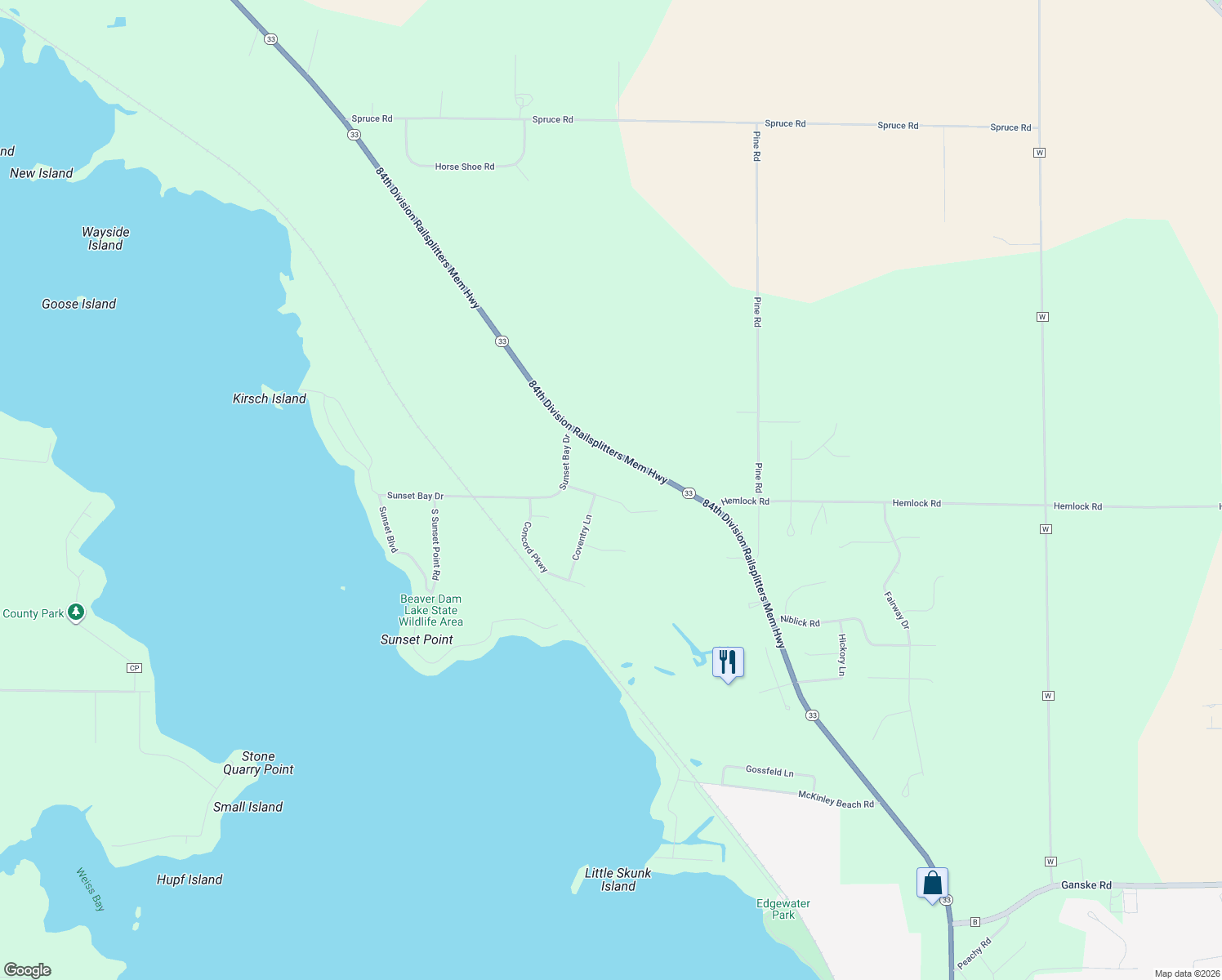 map of restaurants, bars, coffee shops, grocery stores, and more near W9056 Heritage Hills Rd in Beaver Dam