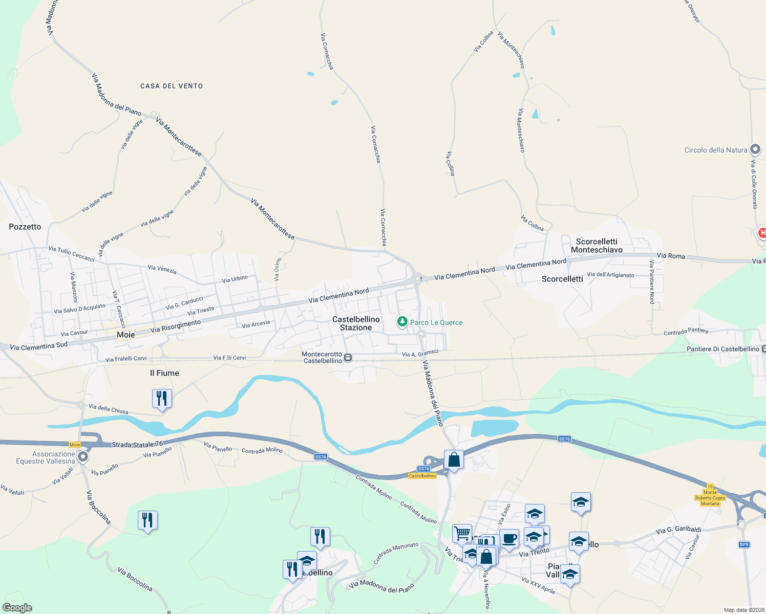map of restaurants, bars, coffee shops, grocery stores, and more near 9 Via F.lli Rosselli in Castelbellino Stazione