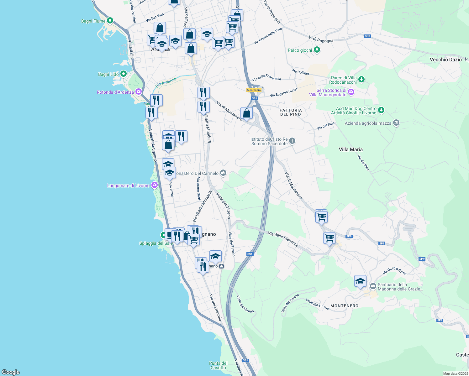 map of restaurants, bars, coffee shops, grocery stores, and more near 2 Via delle Carmelitane in Provincia di Livorno