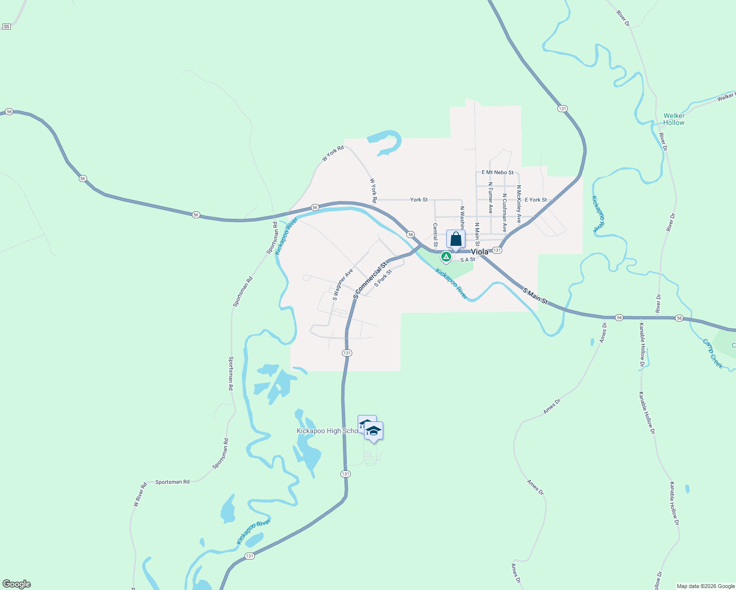 map of restaurants, bars, coffee shops, grocery stores, and more near 304 South Park Street in Viola