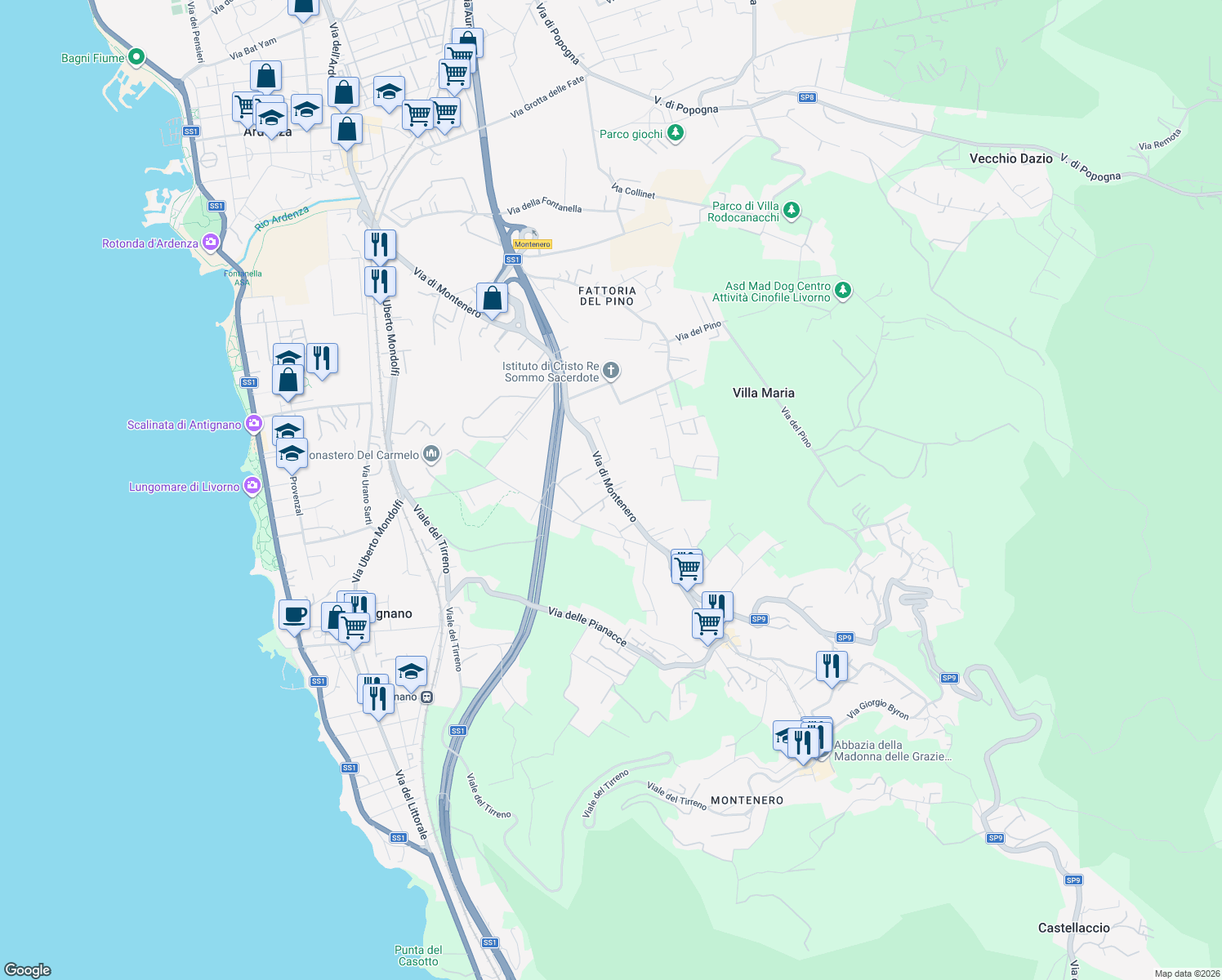 map of restaurants, bars, coffee shops, grocery stores, and more near 121 Via di Montenero in Livorno