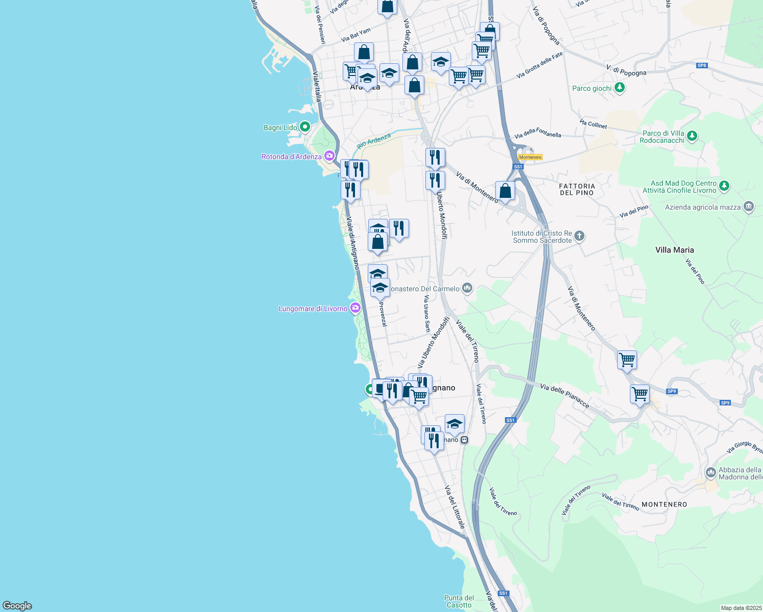 map of restaurants, bars, coffee shops, grocery stores, and more near Via Dino Provenzal in Livorno