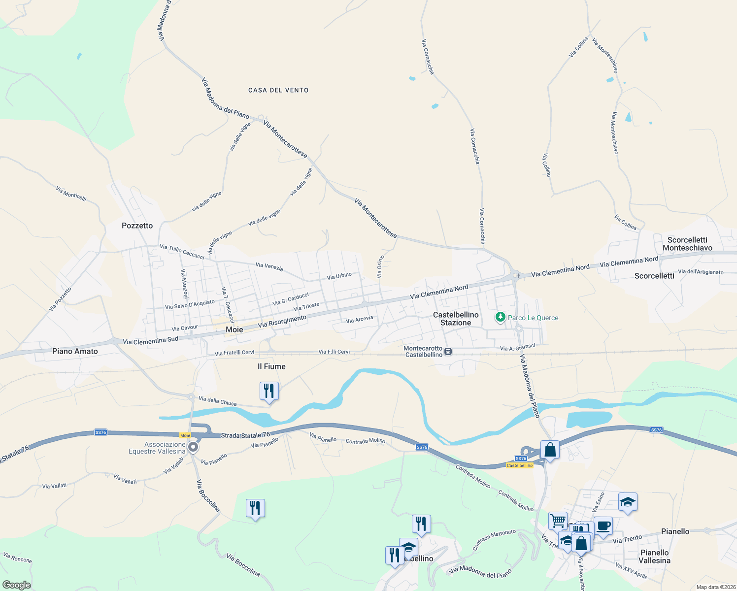 map of restaurants, bars, coffee shops, grocery stores, and more near 44A Via Clementina Nord in Moie