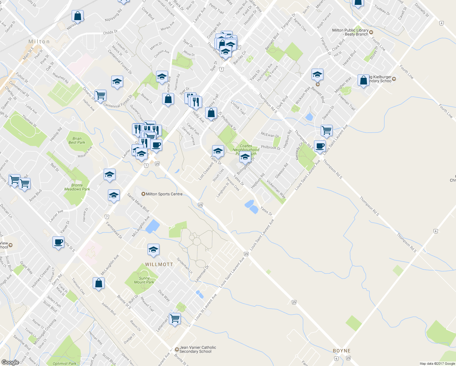 map of restaurants, bars, coffee shops, grocery stores, and more near 620 Langholm Street in Milton