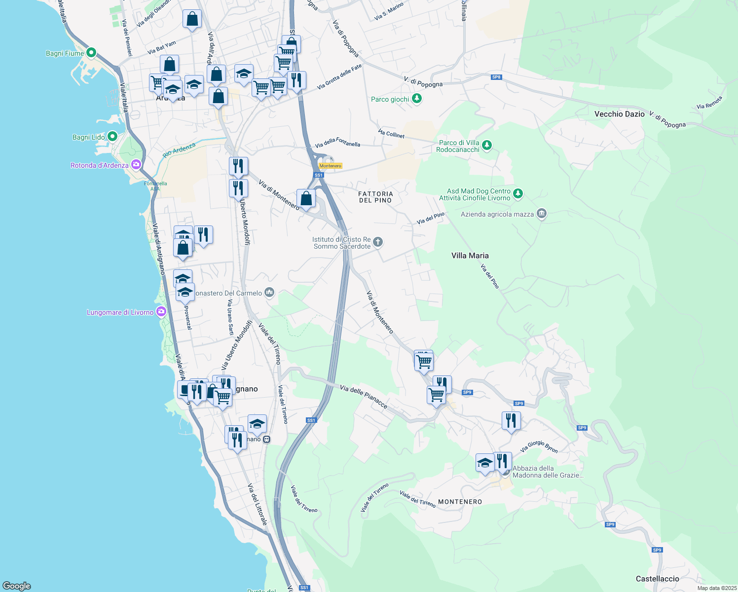 map of restaurants, bars, coffee shops, grocery stores, and more near 222 Via di Montenero in Livorno