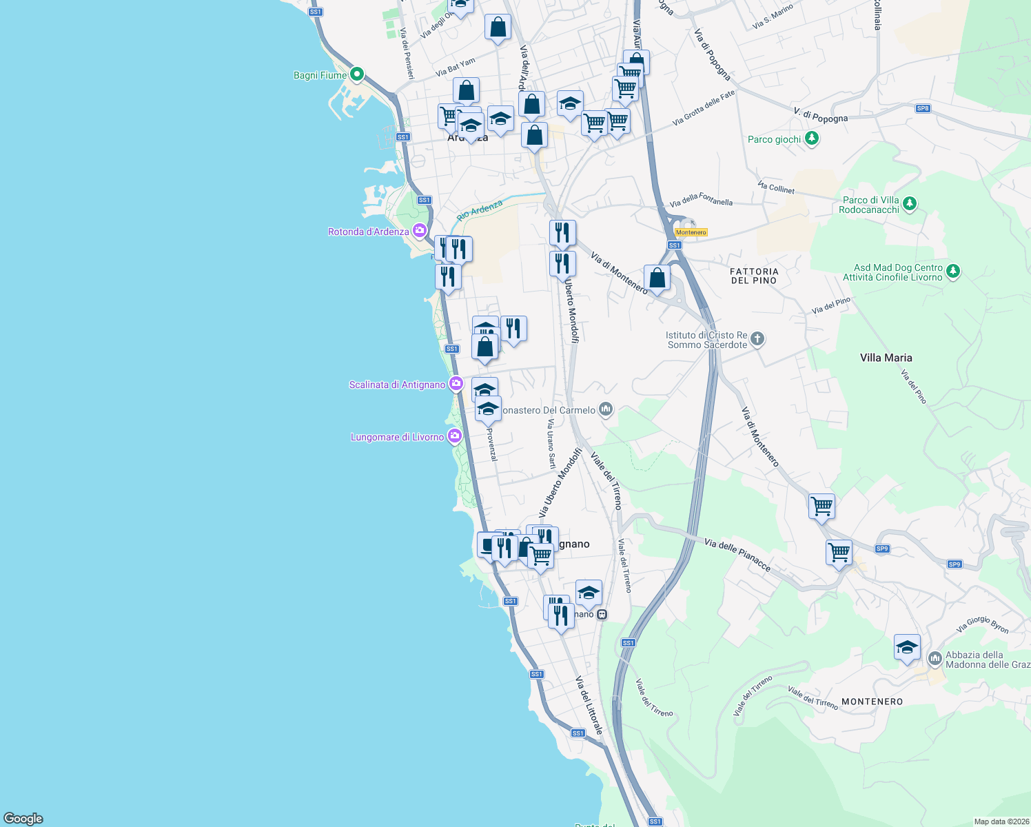 map of restaurants, bars, coffee shops, grocery stores, and more near Via Silvestro Lega in Livorno