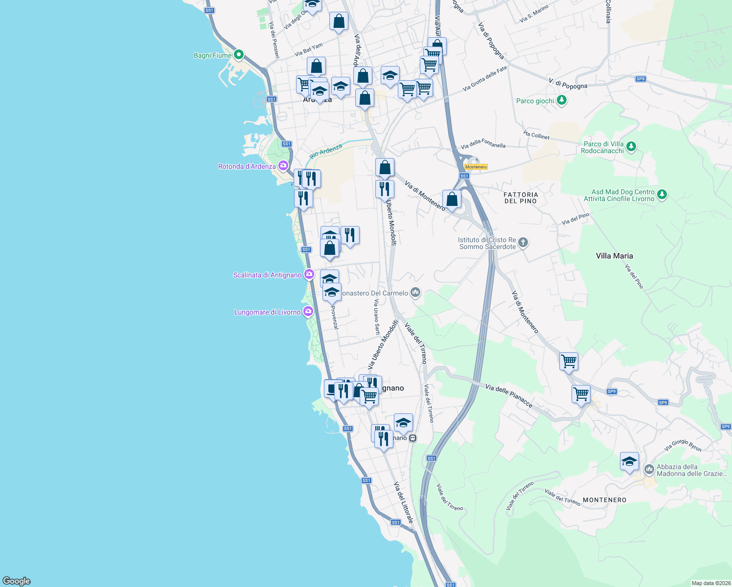 map of restaurants, bars, coffee shops, grocery stores, and more near Via Silvestro Lega in Livorno