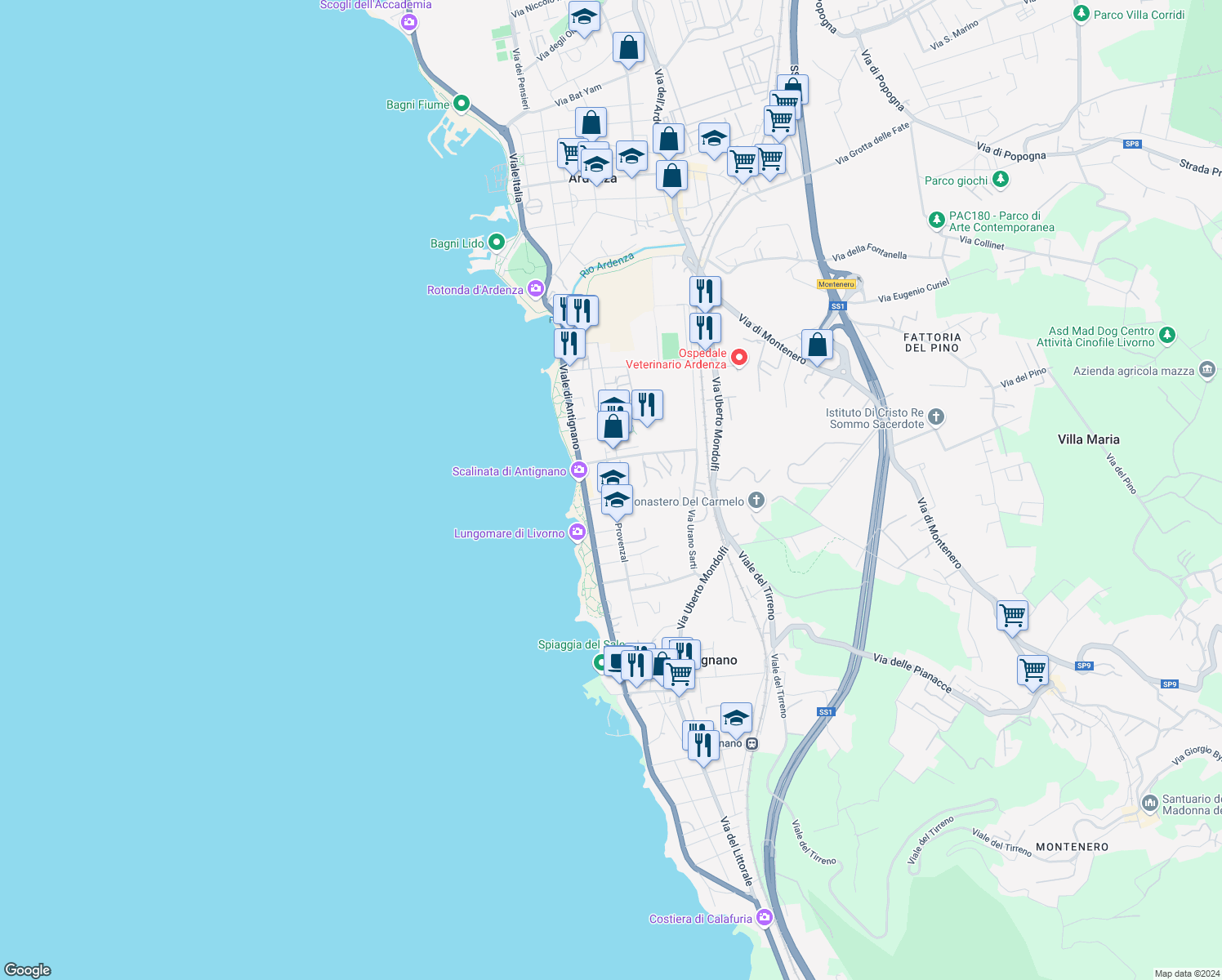 map of restaurants, bars, coffee shops, grocery stores, and more near Via Dino Provenzal in Livorno