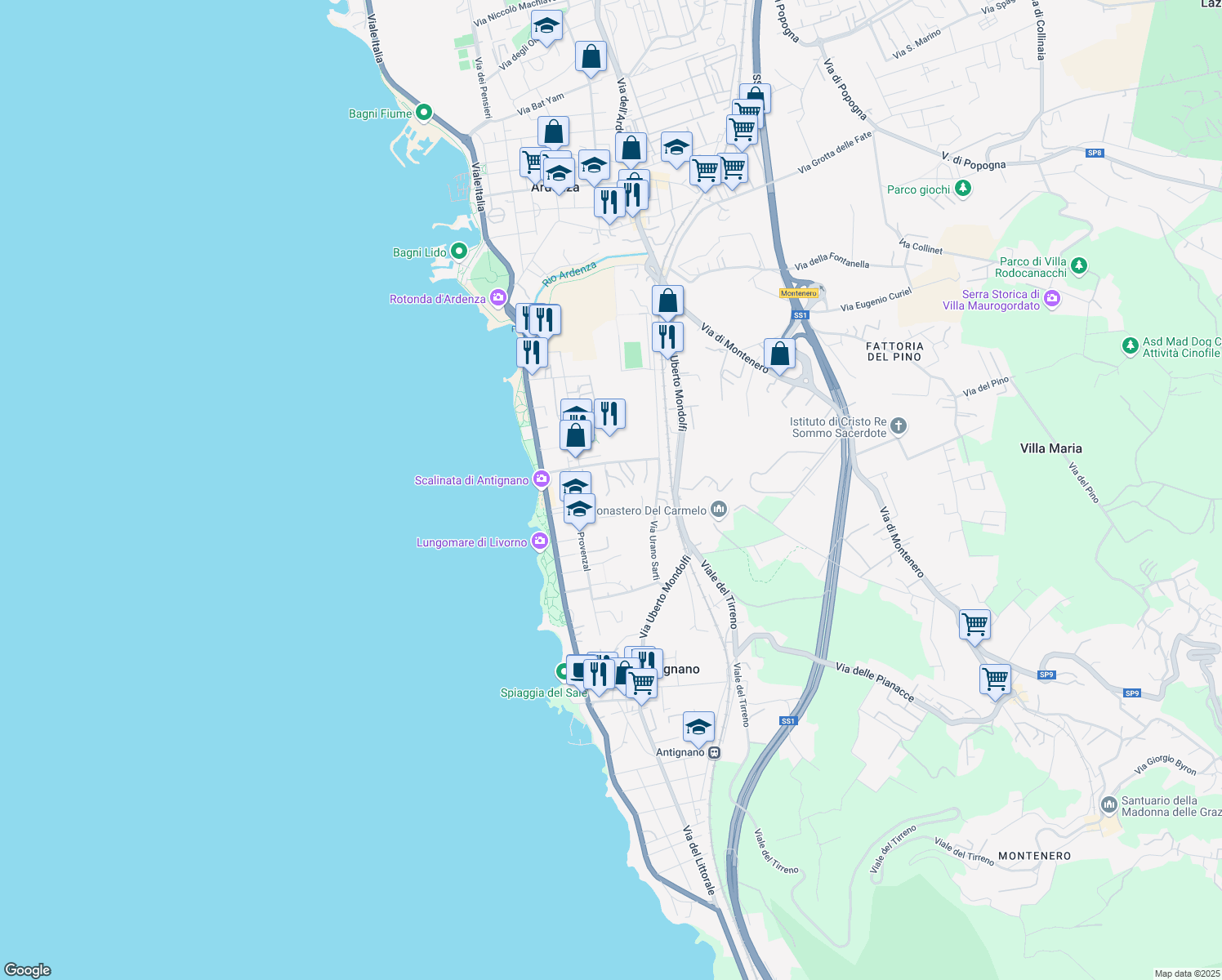 map of restaurants, bars, coffee shops, grocery stores, and more near 34 Via Carlo Puini in Livorno