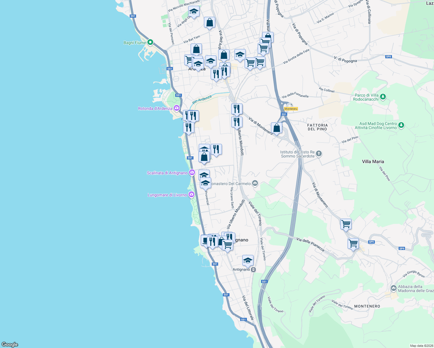 map of restaurants, bars, coffee shops, grocery stores, and more near 34 Via Carlo Puini in Livorno