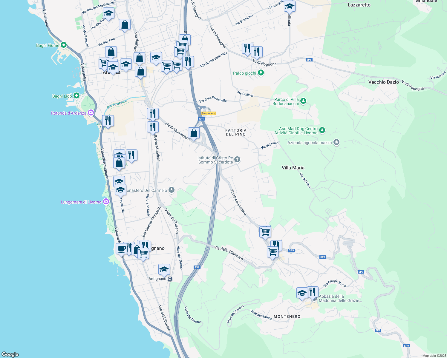 map of restaurants, bars, coffee shops, grocery stores, and more near 73 Via di Montenero in Livorno