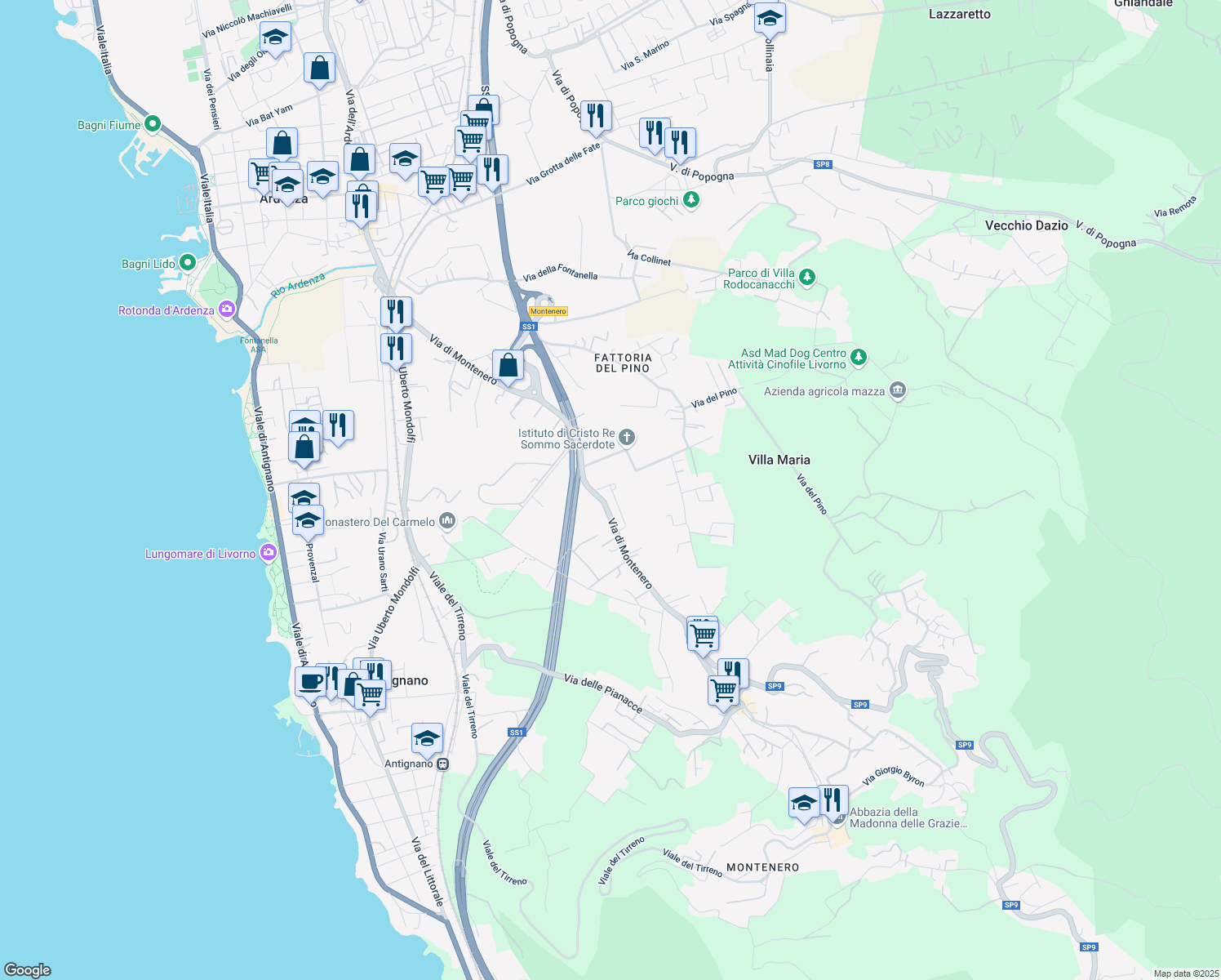 map of restaurants, bars, coffee shops, grocery stores, and more near 4 Via Piero Aloisi in Livorno