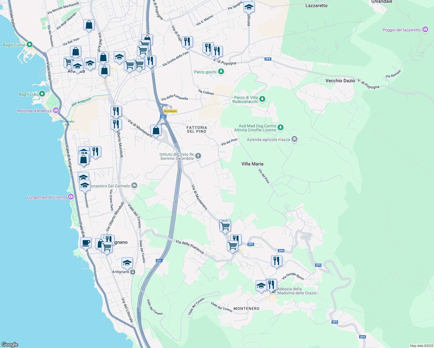 map of restaurants, bars, coffee shops, grocery stores, and more near 32 Via della Prugnoliccia in Livorno