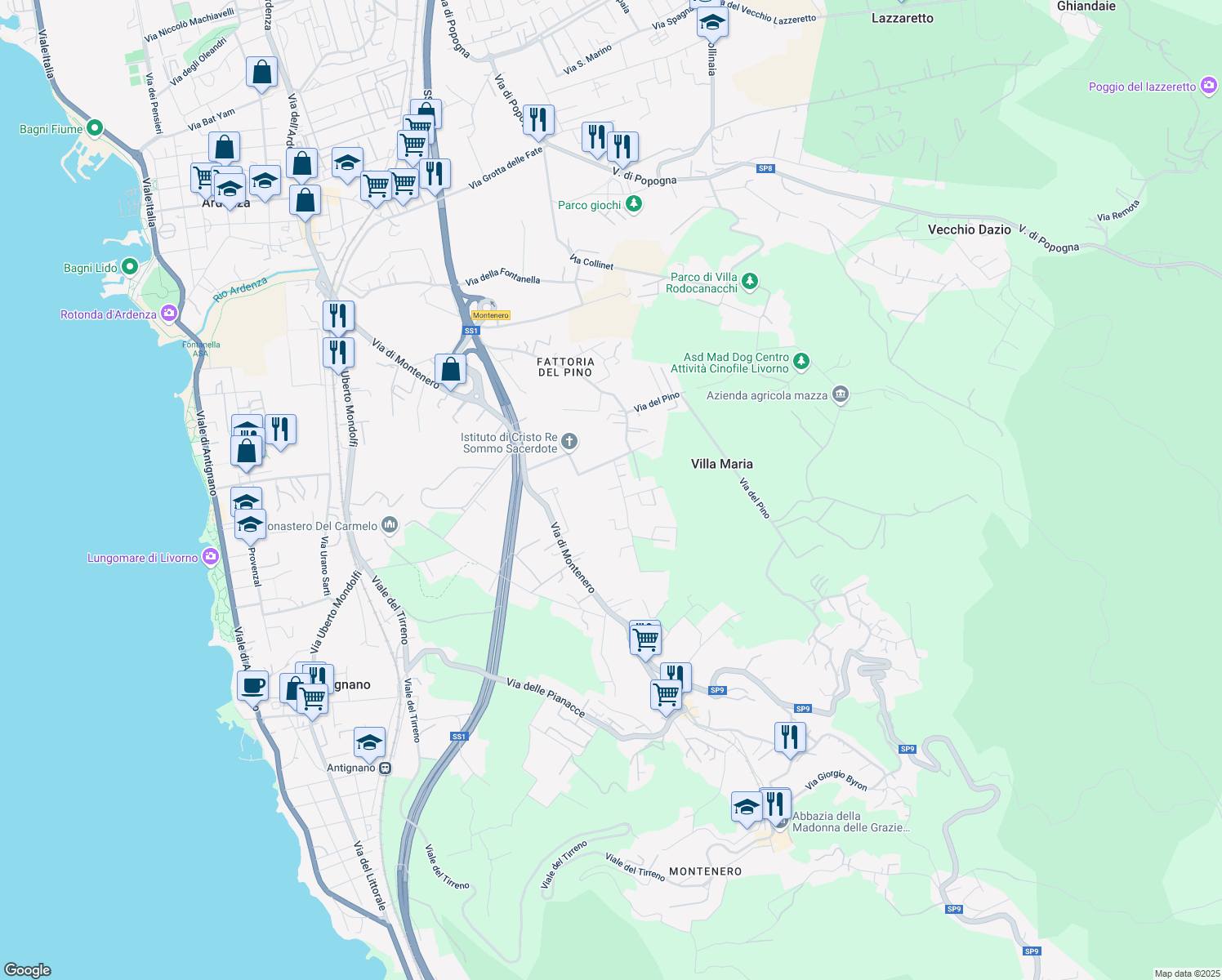 map of restaurants, bars, coffee shops, grocery stores, and more near 32 Via della Prugnoliccia in Livorno