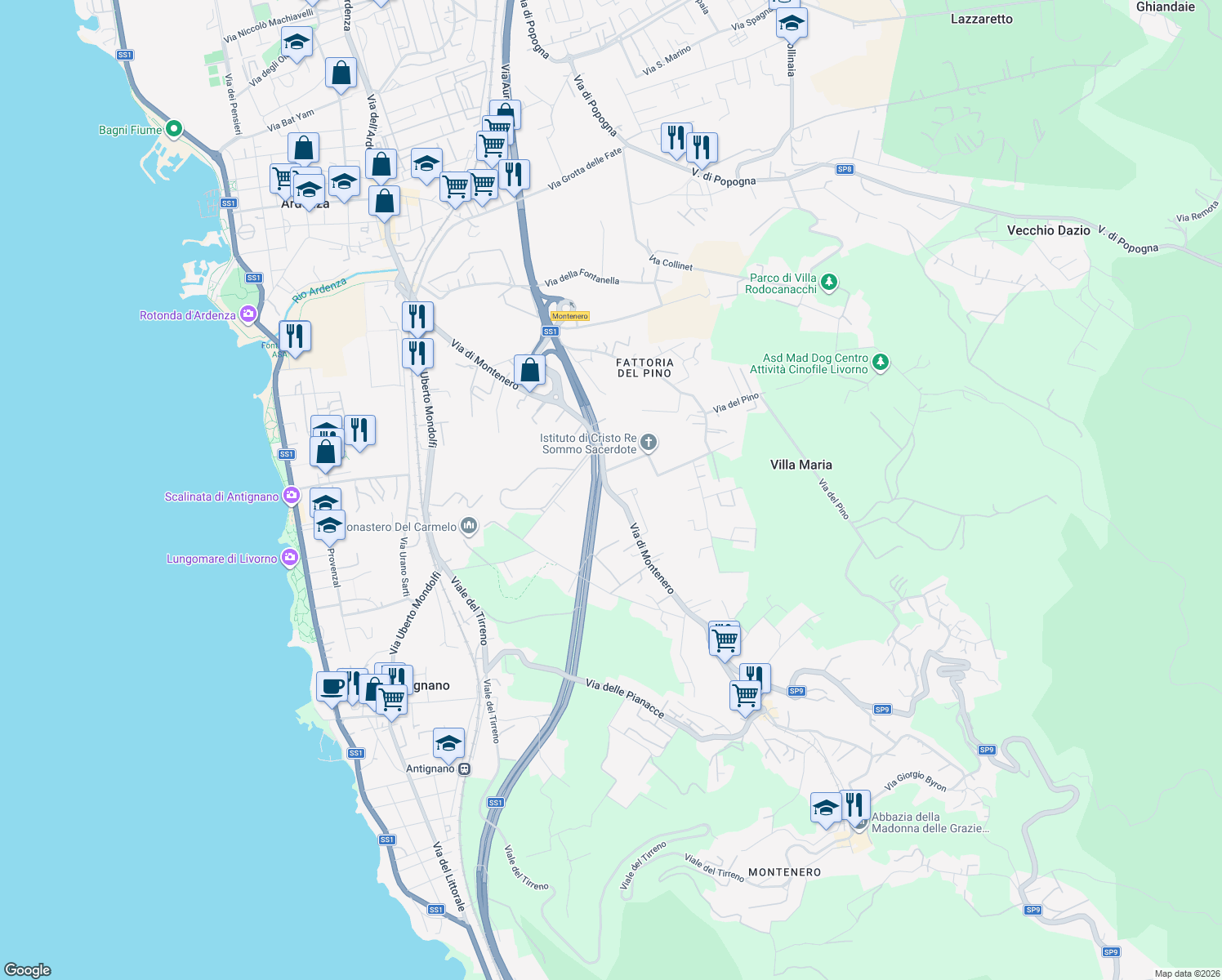 map of restaurants, bars, coffee shops, grocery stores, and more near 73 Via di Montenero in Livorno