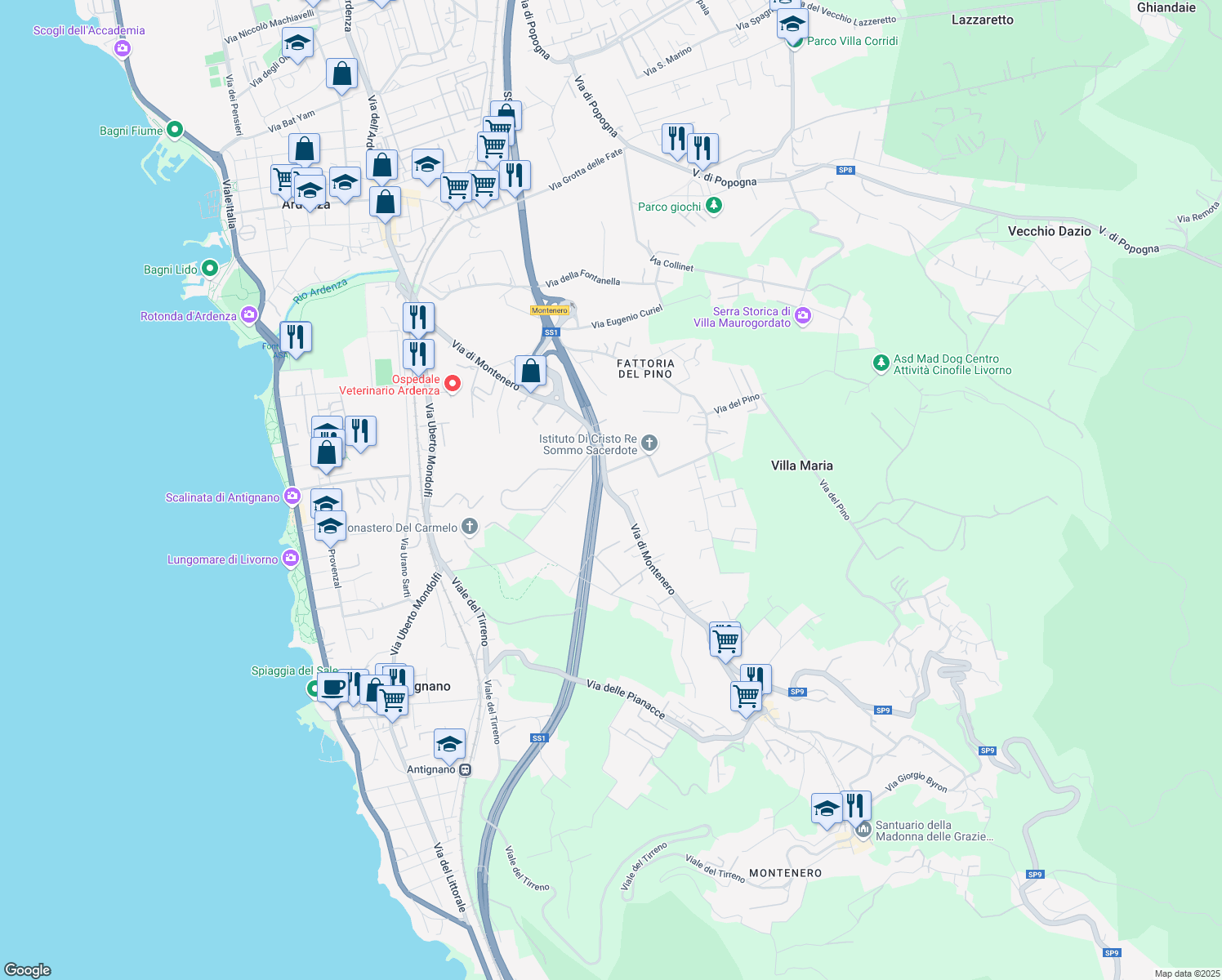 map of restaurants, bars, coffee shops, grocery stores, and more near 73 Via di Montenero in Livorno