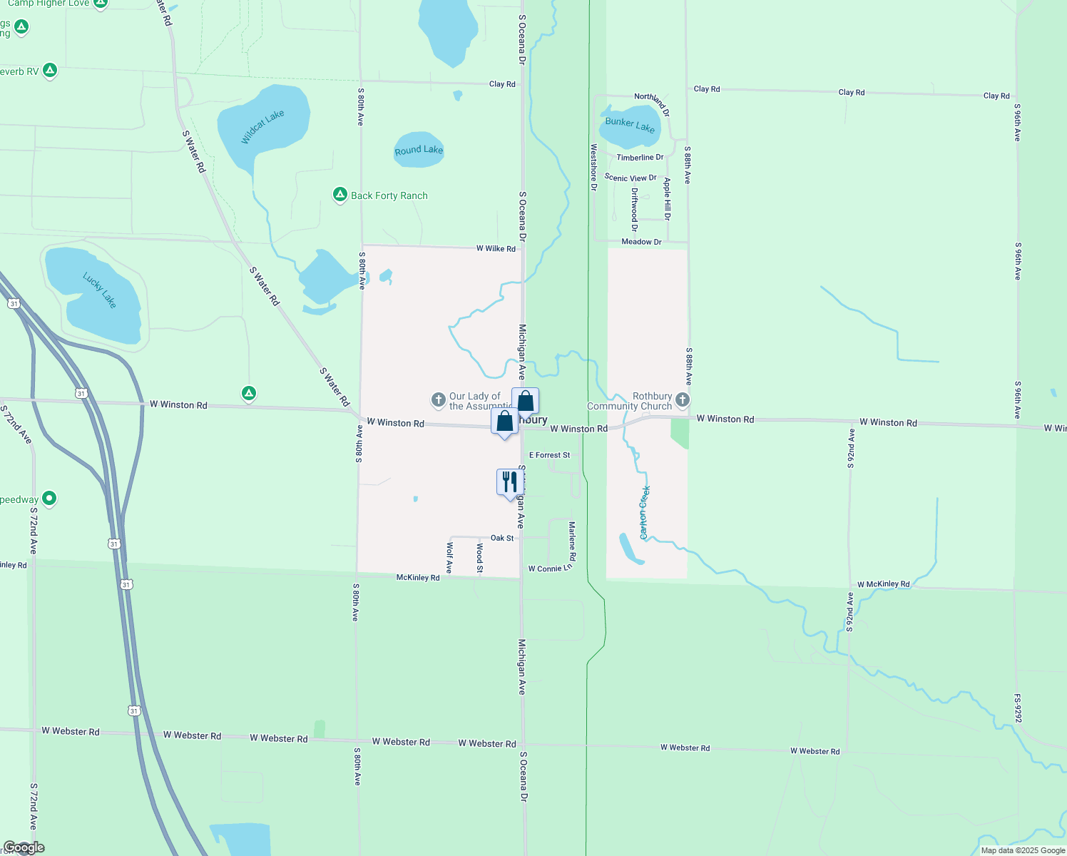 map of restaurants, bars, coffee shops, grocery stores, and more near 2768 West Winston Road in Rothbury