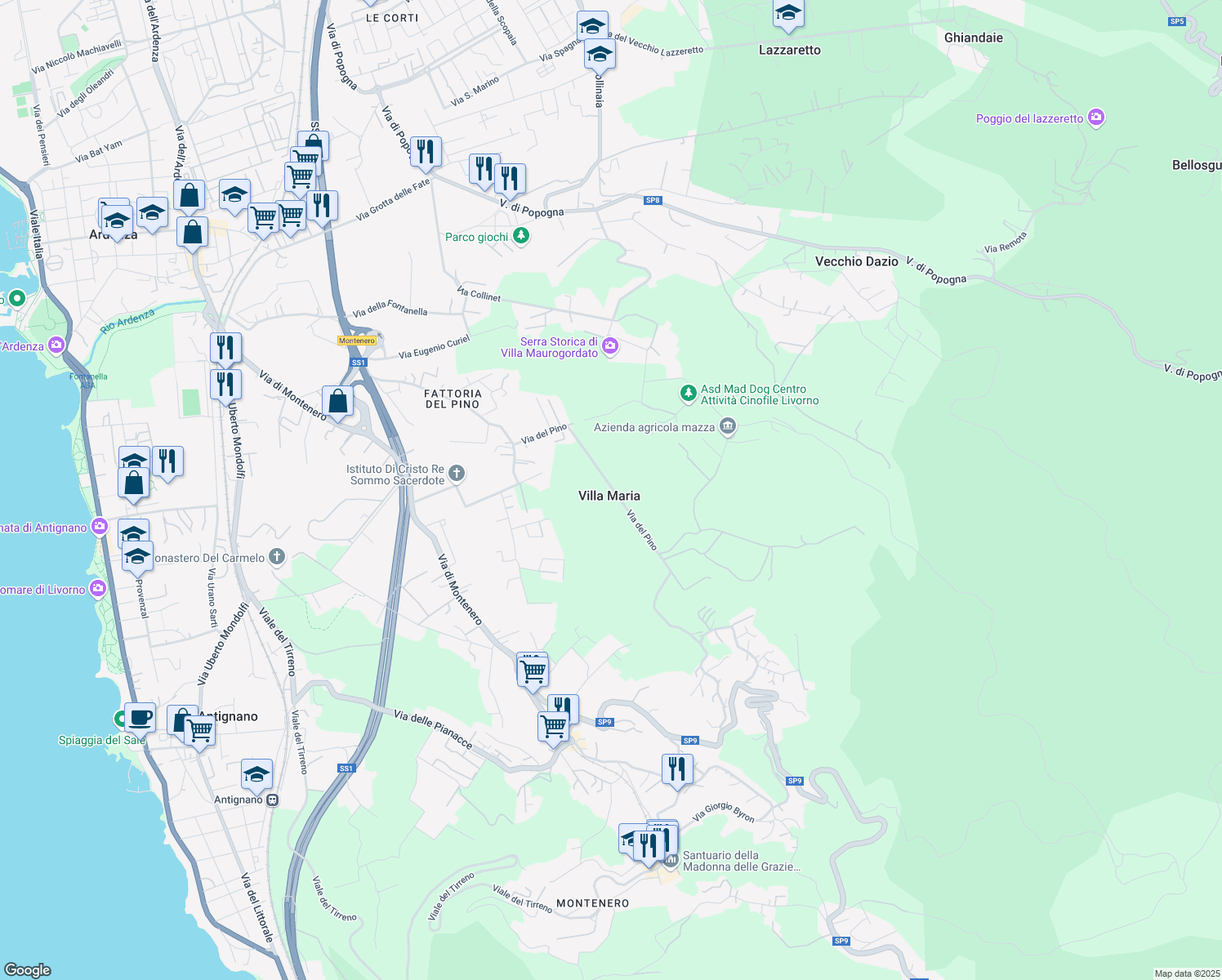 map of restaurants, bars, coffee shops, grocery stores, and more near 152 Via del Pino in Villa Maria