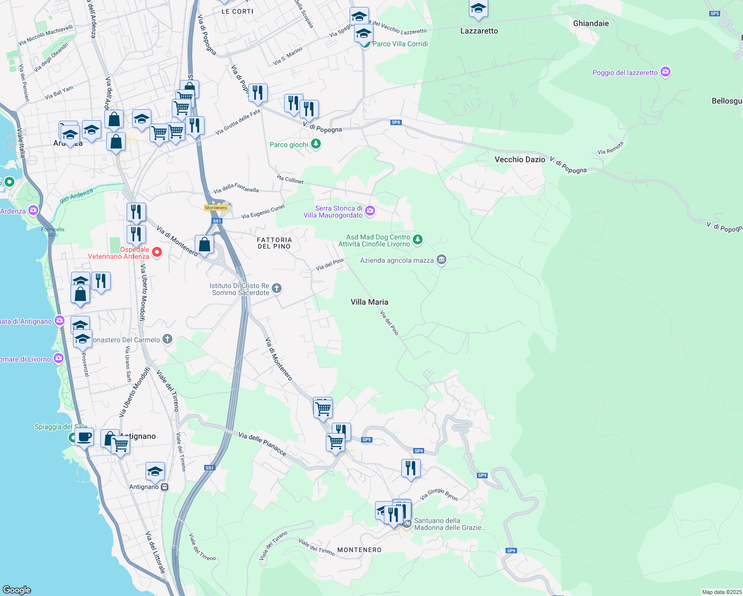 map of restaurants, bars, coffee shops, grocery stores, and more near 152 Via del Pino in Villa Maria