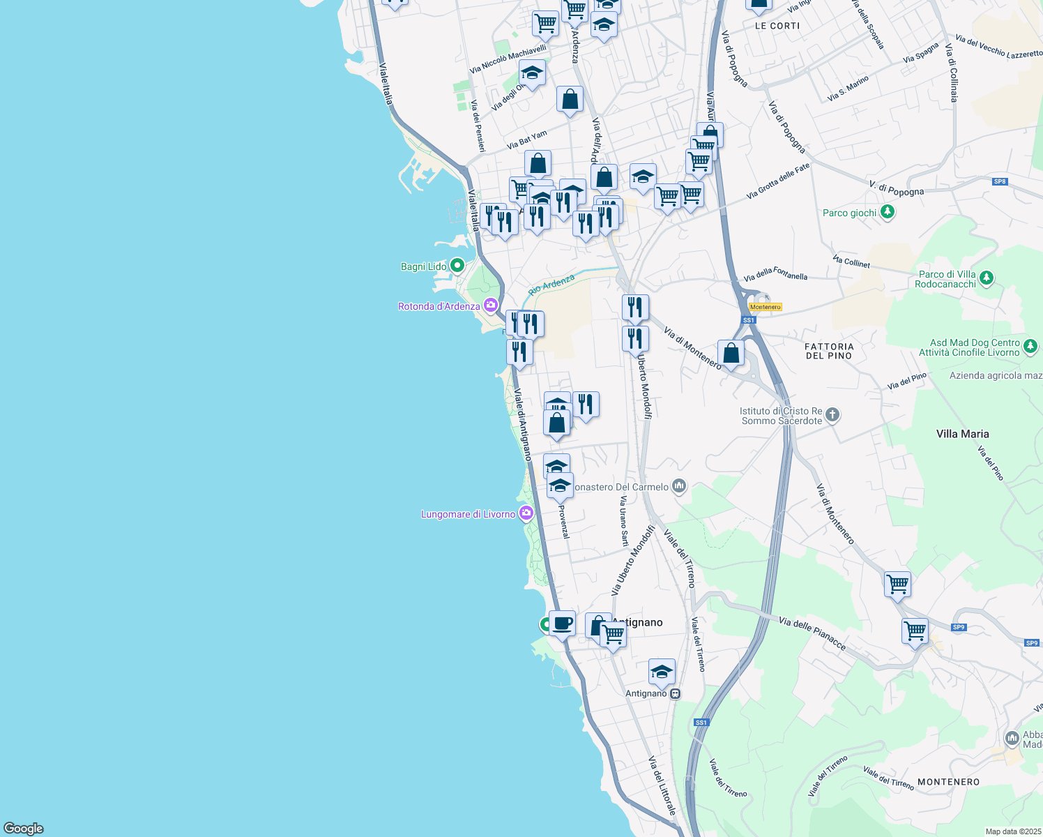 map of restaurants, bars, coffee shops, grocery stores, and more near 67 Viale di Antignano in Livorno