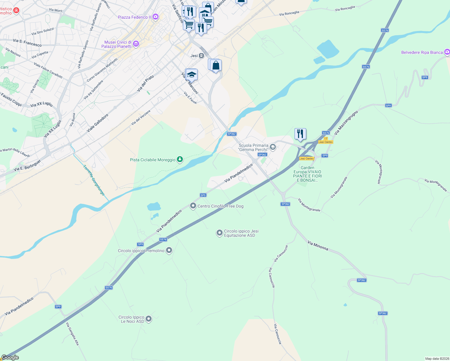 map of restaurants, bars, coffee shops, grocery stores, and more near 21-23 Via Piandelmedico in Jesi