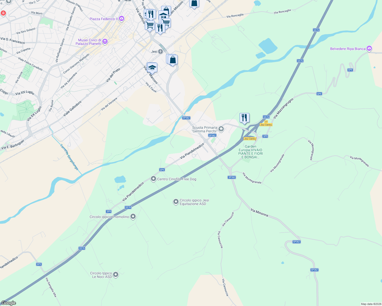map of restaurants, bars, coffee shops, grocery stores, and more near 23 Via Piandelmedico in Jesi