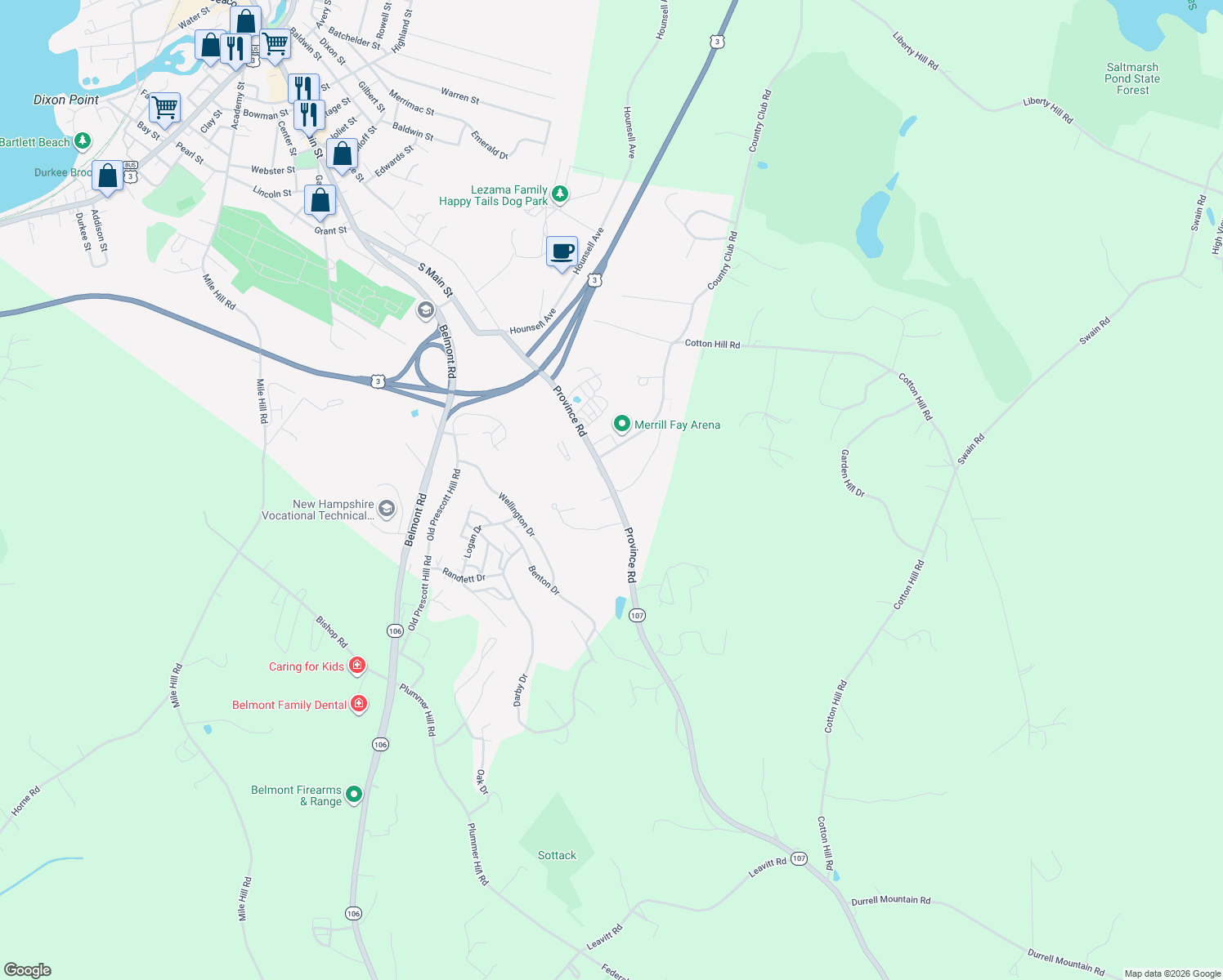 map of restaurants, bars, coffee shops, grocery stores, and more near 557 Province Road in Laconia