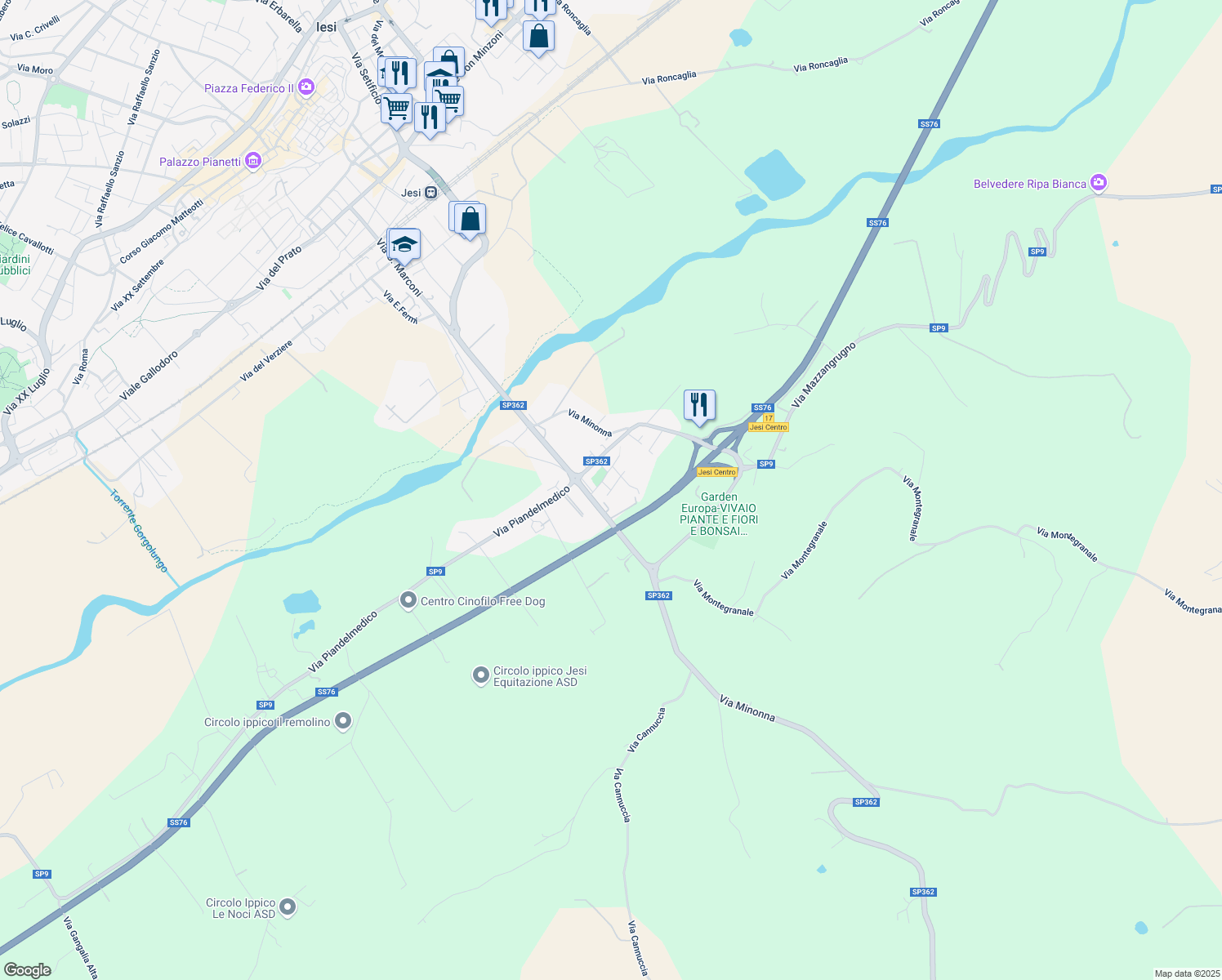 map of restaurants, bars, coffee shops, grocery stores, and more near Via Tronto in Jesi