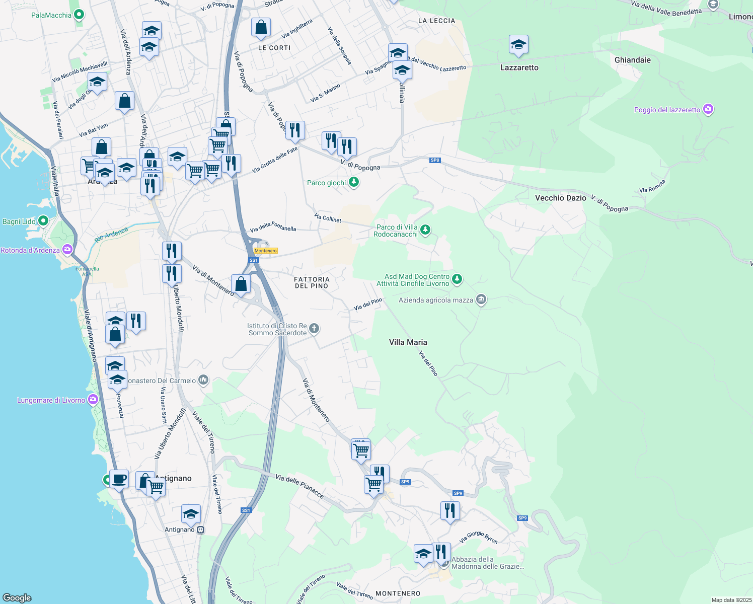 map of restaurants, bars, coffee shops, grocery stores, and more near 106 Via del Pino in Livorno
