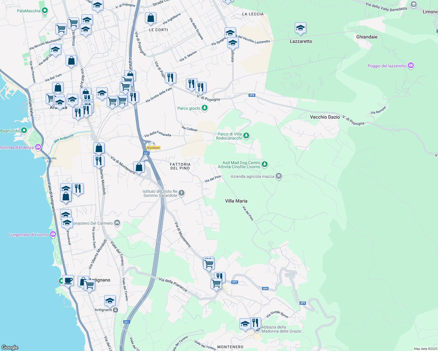 map of restaurants, bars, coffee shops, grocery stores, and more near 101 Via del Pino in Livorno