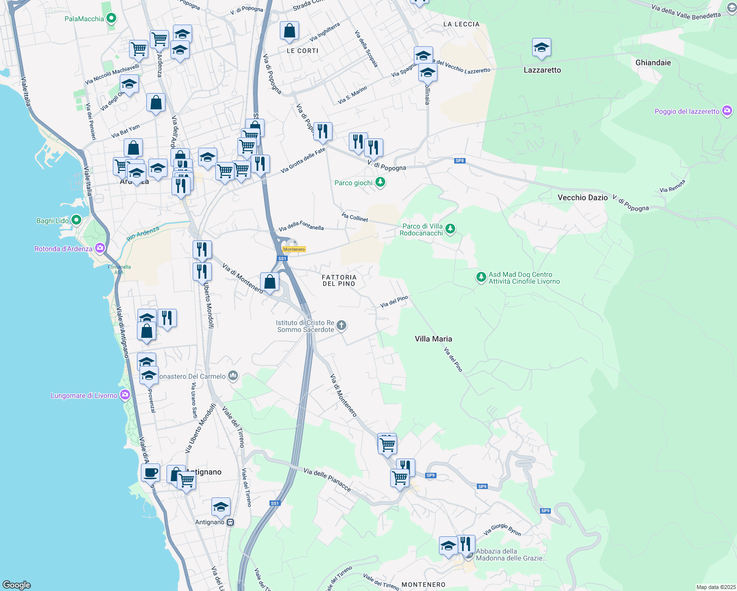 map of restaurants, bars, coffee shops, grocery stores, and more near 51 Via del Pino in Livorno